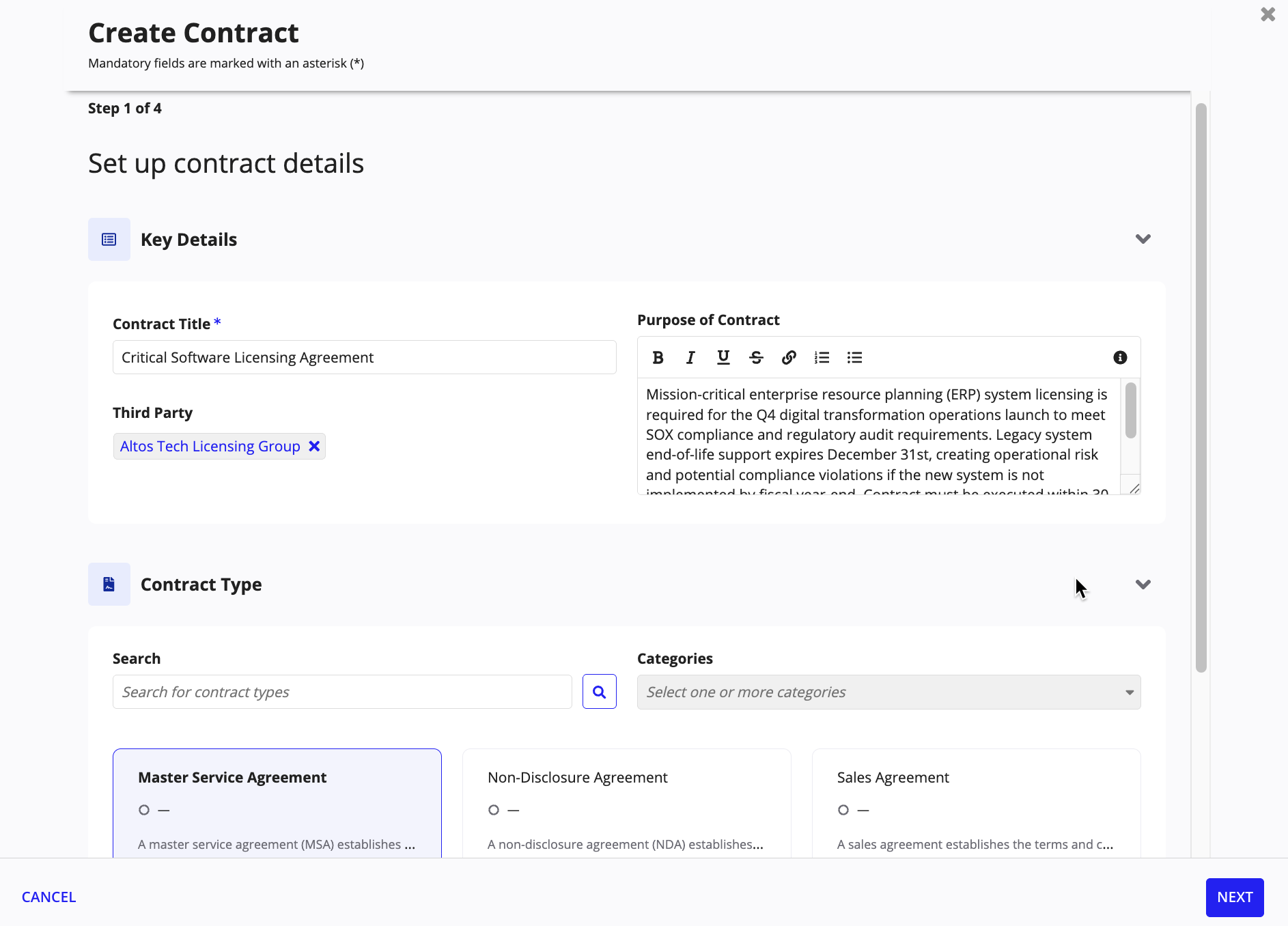 CLM guided contract creation wizard with fields for contract details, third party, and type selection.