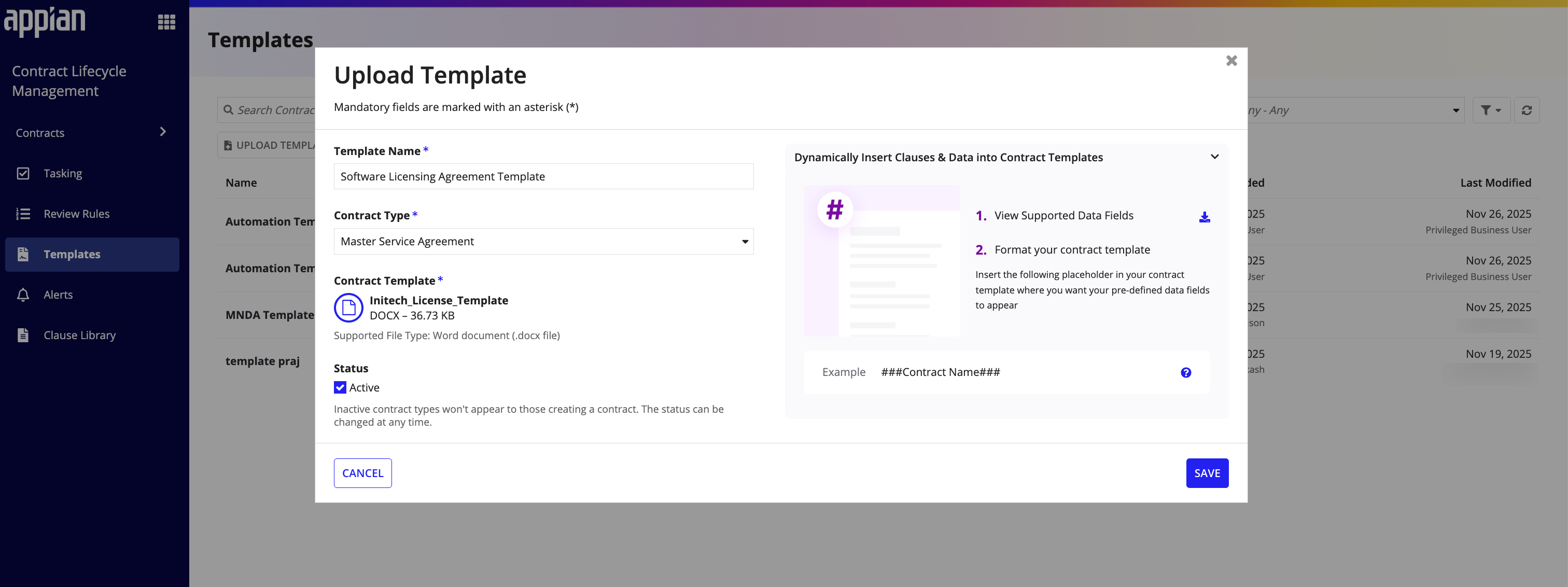 CLM Templates page showing template list with upload and management options.