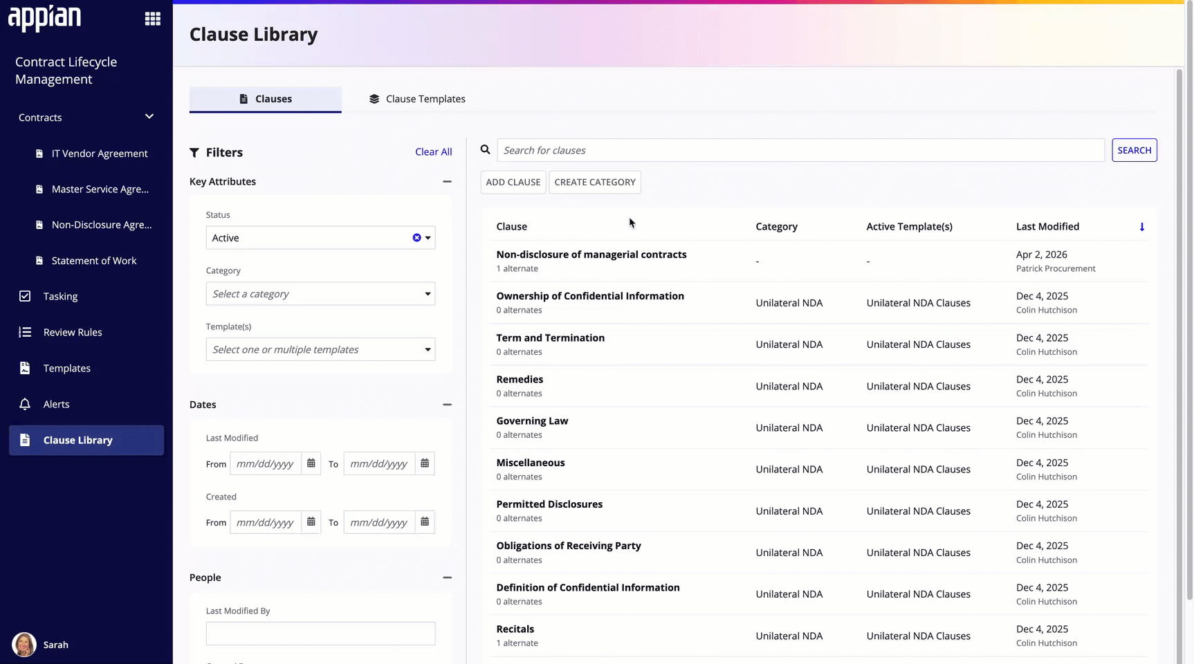 Clause Library interface showing the Clauses tab with a grid of standard contract clauses organized by category, status, and template associations, followed by steps to create a clause