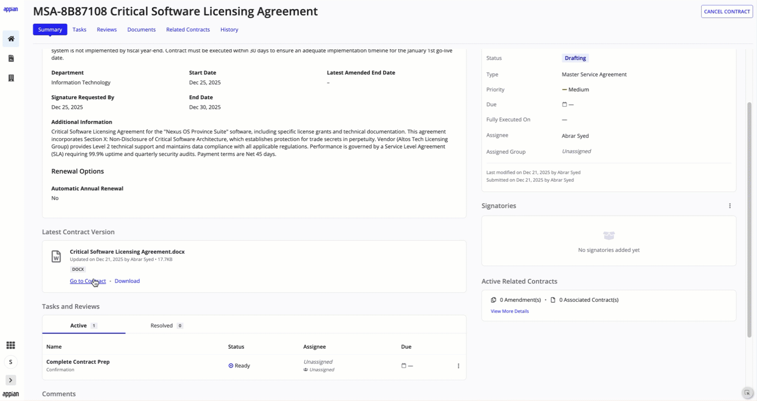 CLM contract template populated with intake form data and Microsoft 365 collaboration view.