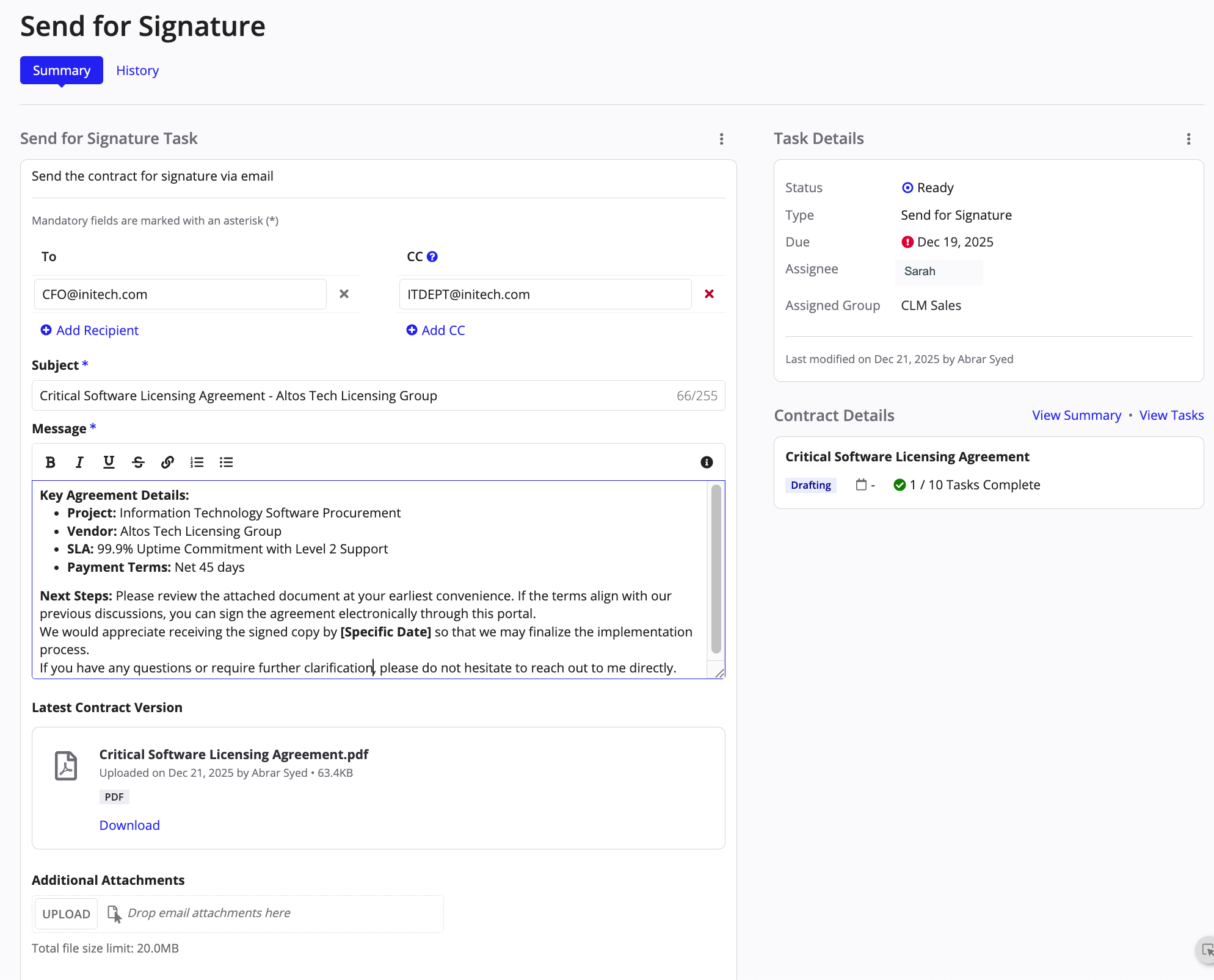 CLM Docusign integration showing envelope status, signer progress, and signing workflow.