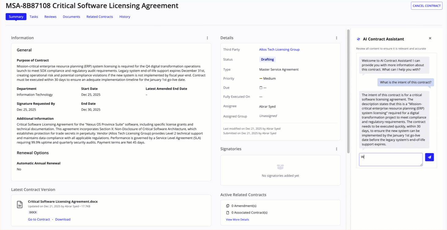 AI Contract Assistant chat interface showing a question about contract terms and an AI-generated response.