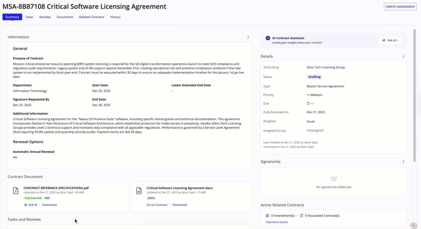 AI Contract Assistant summarizing a contract document and answering a specific question about its content.