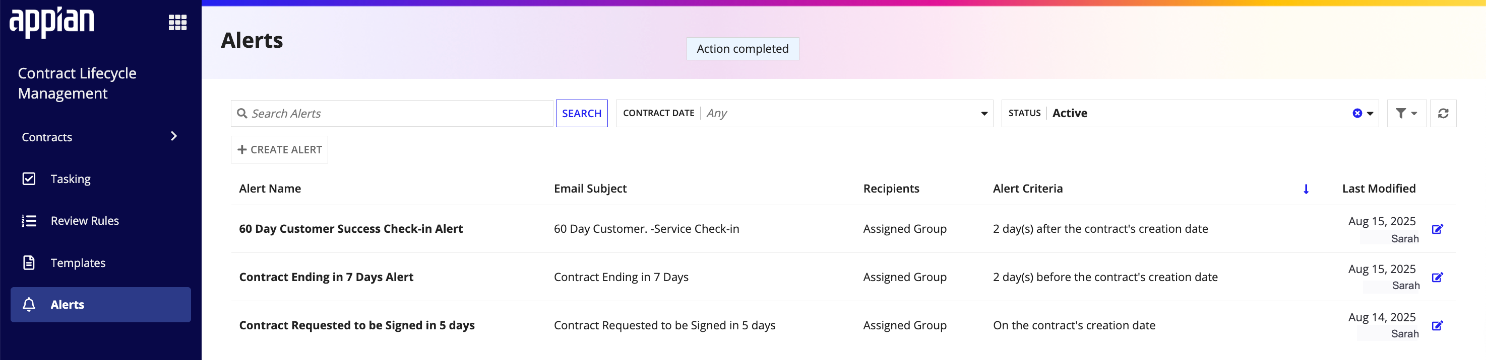 CLM Alerts configuration page showing alert name, date trigger, and notification settings.