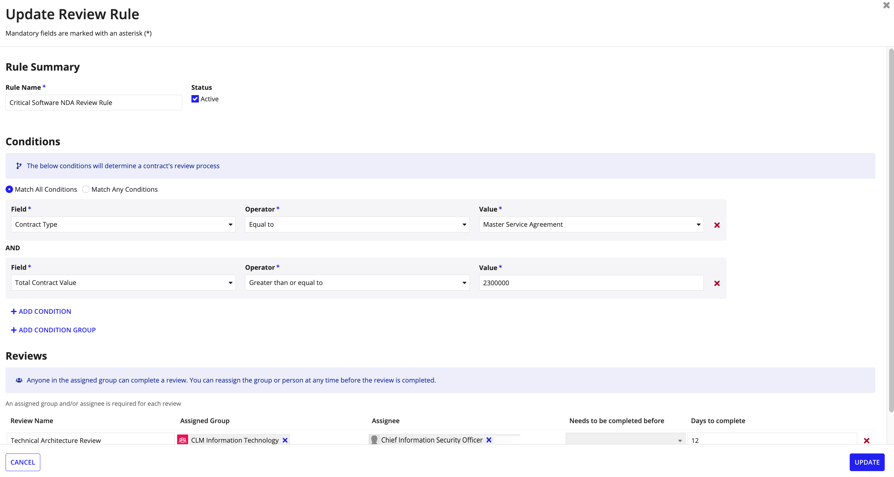 CLM Review Rules page showing rule conditions, assigned reviewers, and review dependencies.