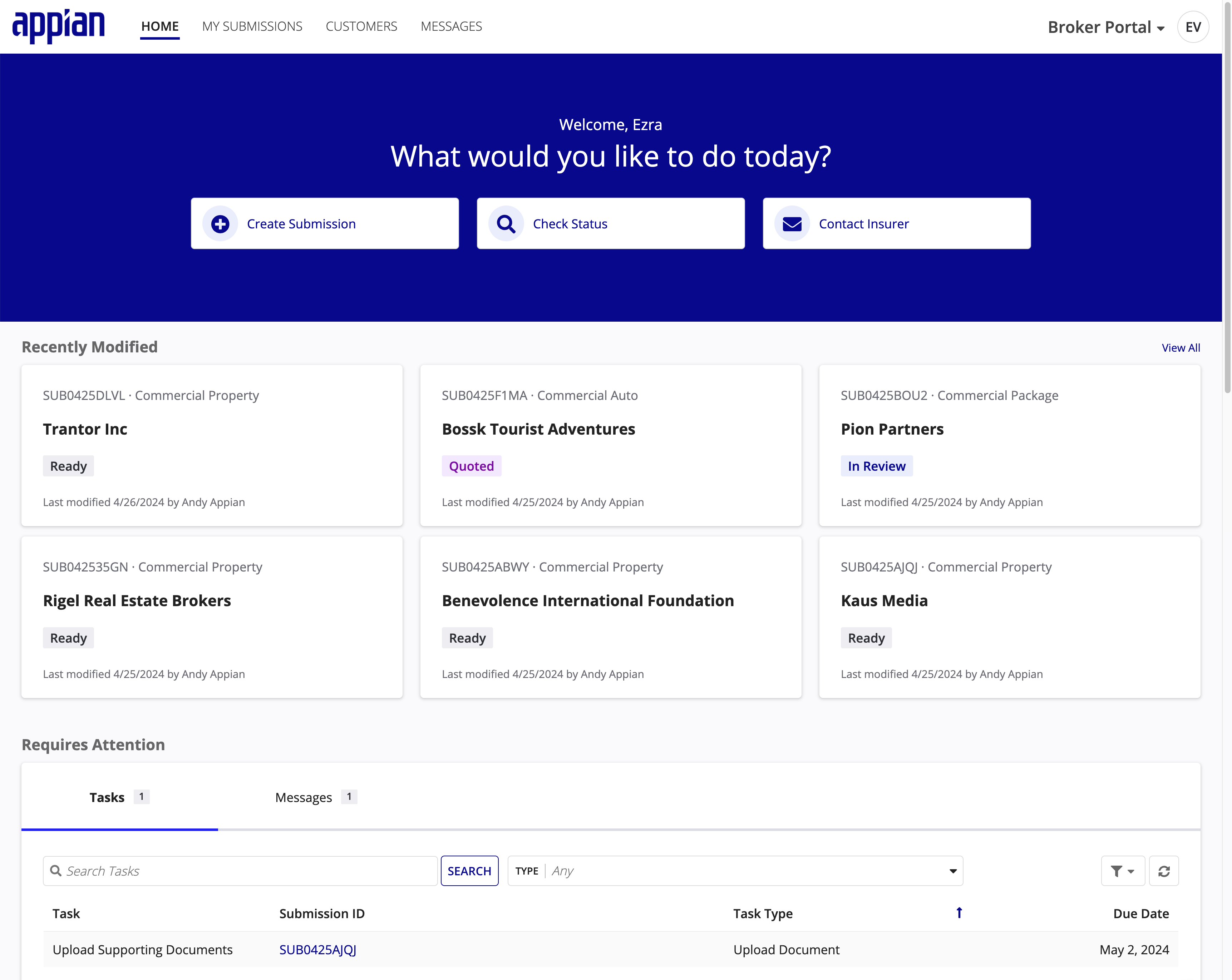 Authenticated Broker Portal landing page showing module capabilities