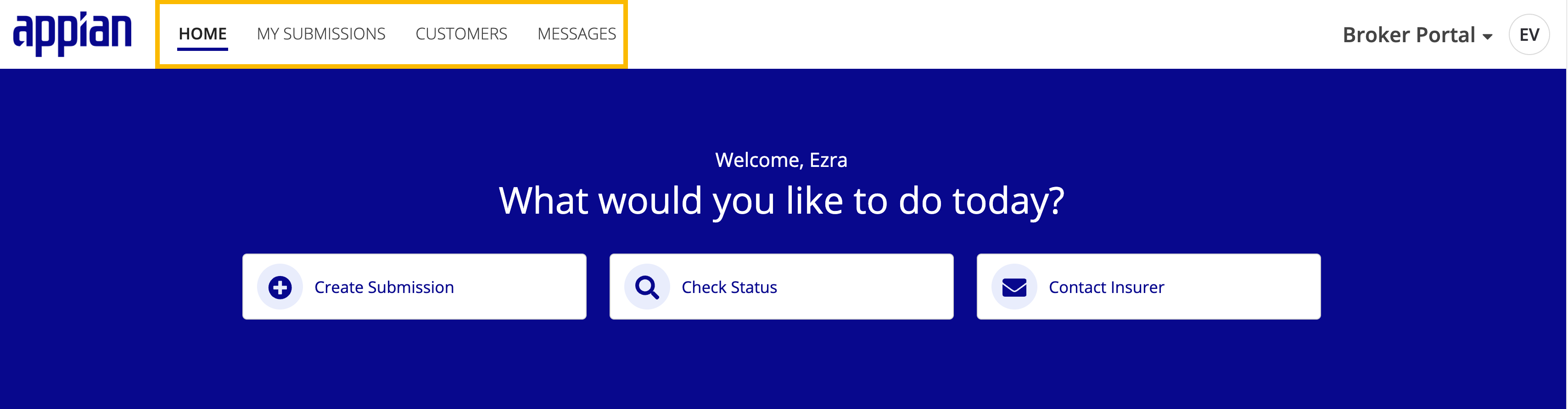 Broker Portal interface with HOME, MY SUBMISSIONS, CUSTOMERS, and MESSAGES tabs