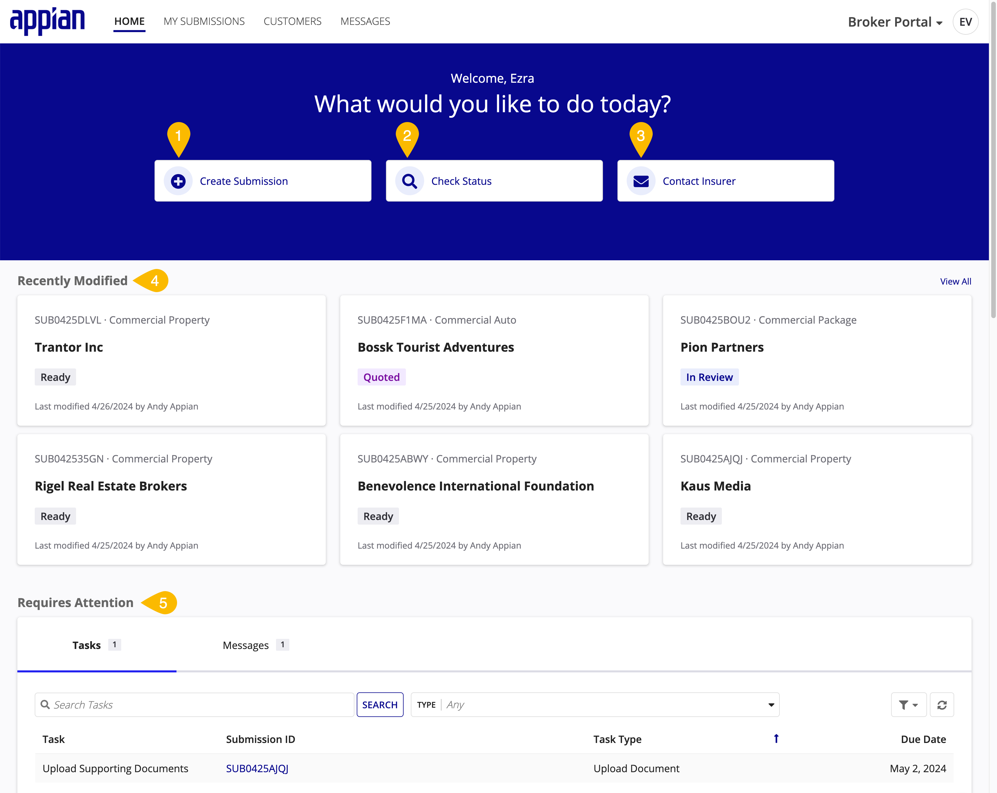 HOME page showing recent submissions, updates, and items requiring attention