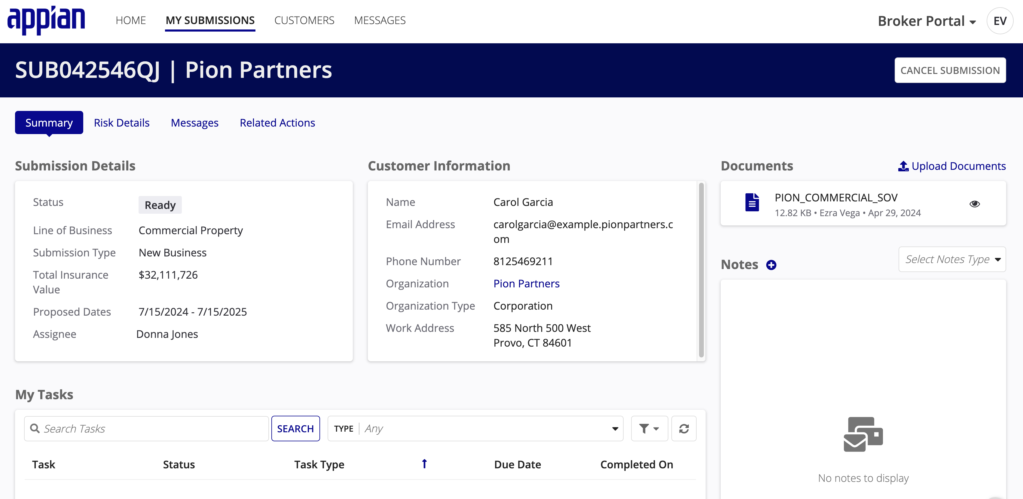MY SUBMISSIONS page with search, filter, and drill-down capabilities