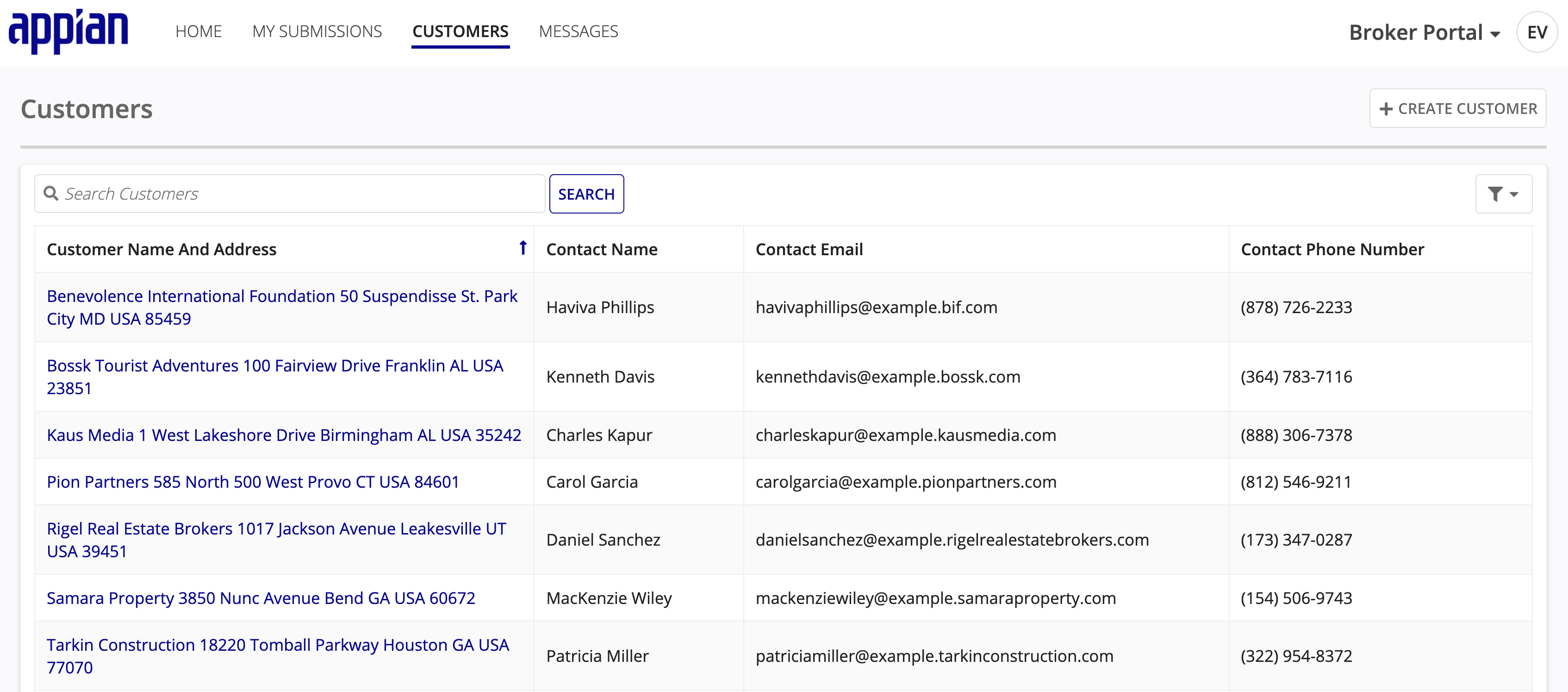 CUSTOMERS page showing customer records associated with broker submissions