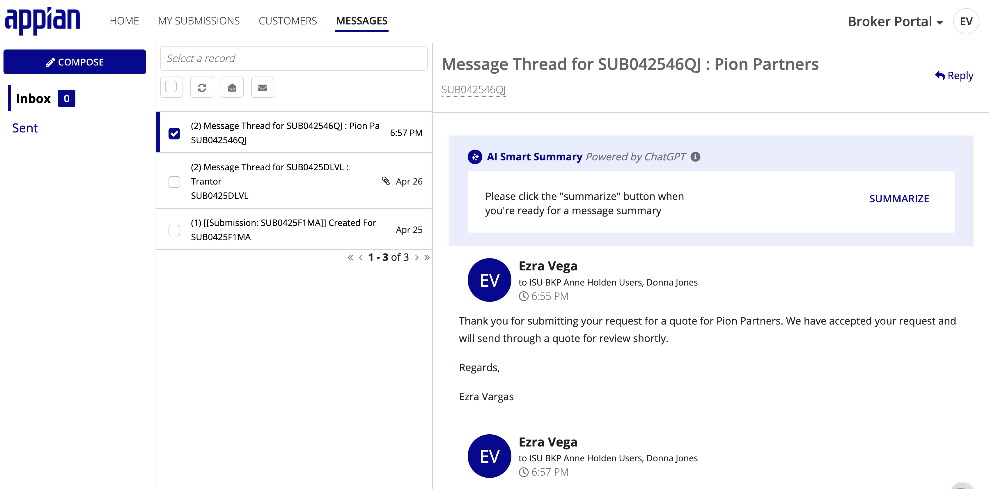 MESSAGES page with compose, send, and AI Smart Summary capabilities