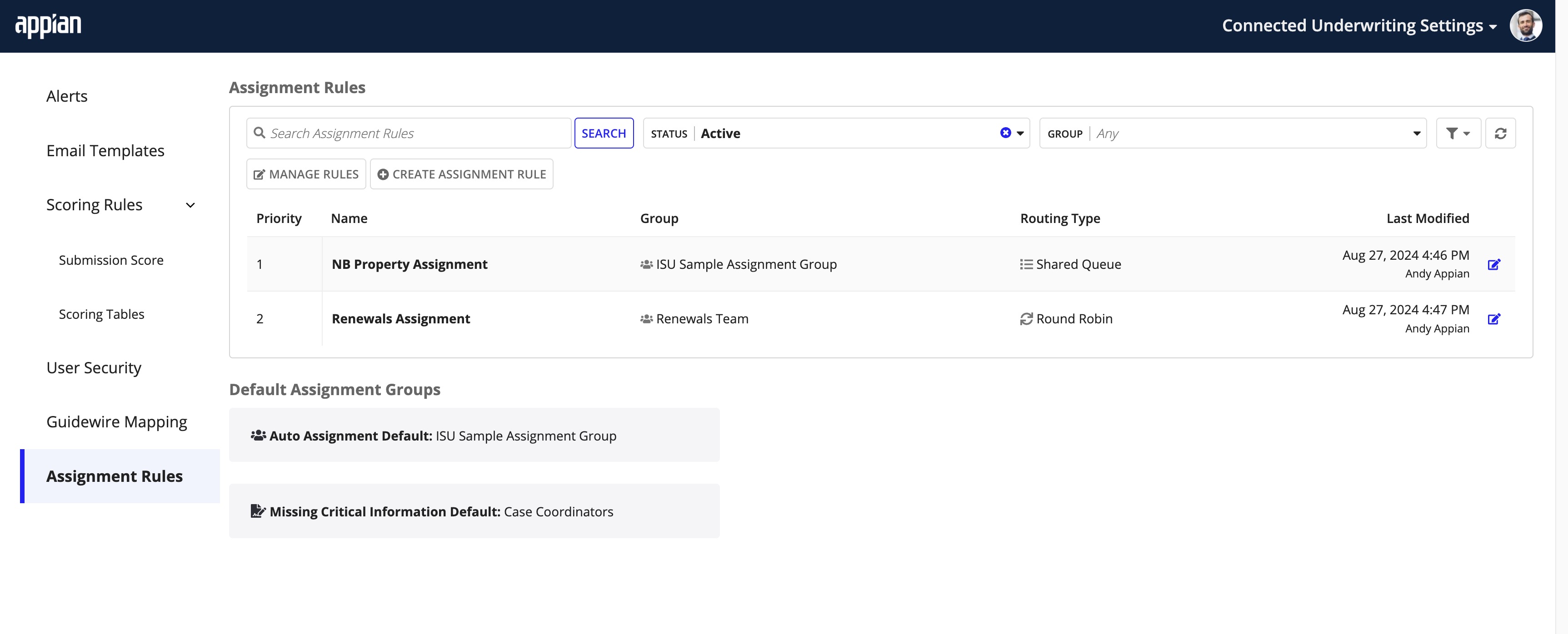 Assignment Rules site showing a list of all submission assignment rules