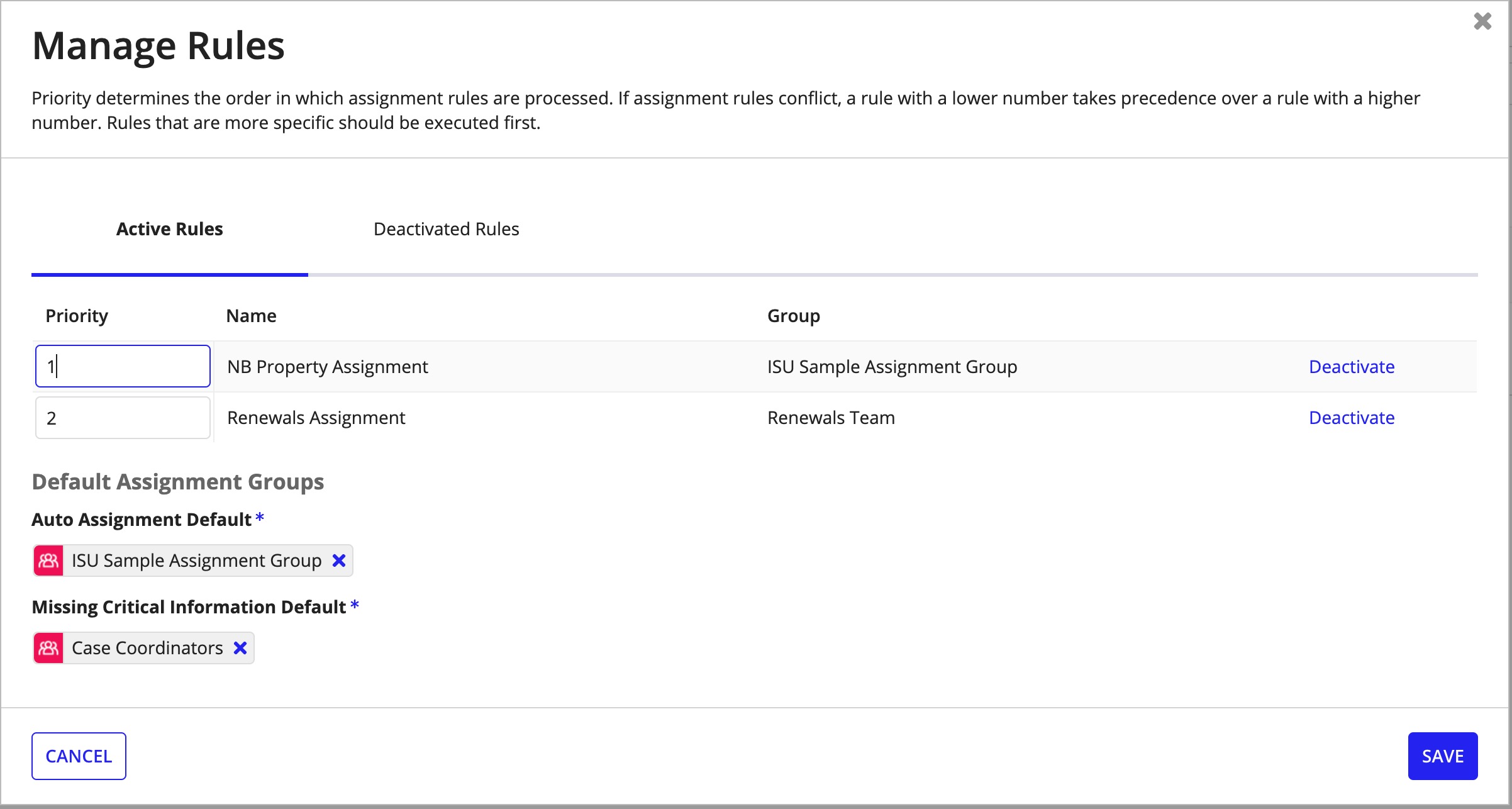 Submission Assignment grid showing rules ordered by priority with activate and deactivate options