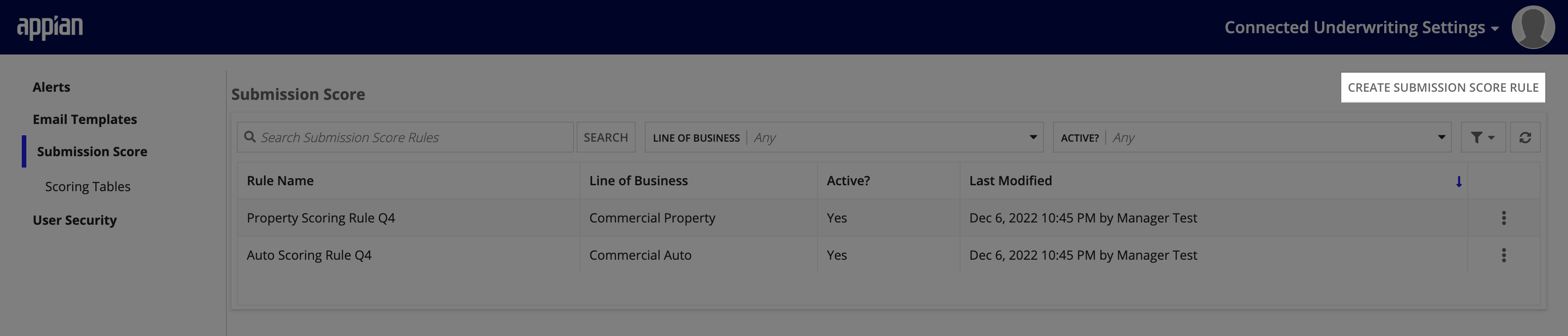 CREATE SUBMISSION SCORE RULE button on the Submission Score page