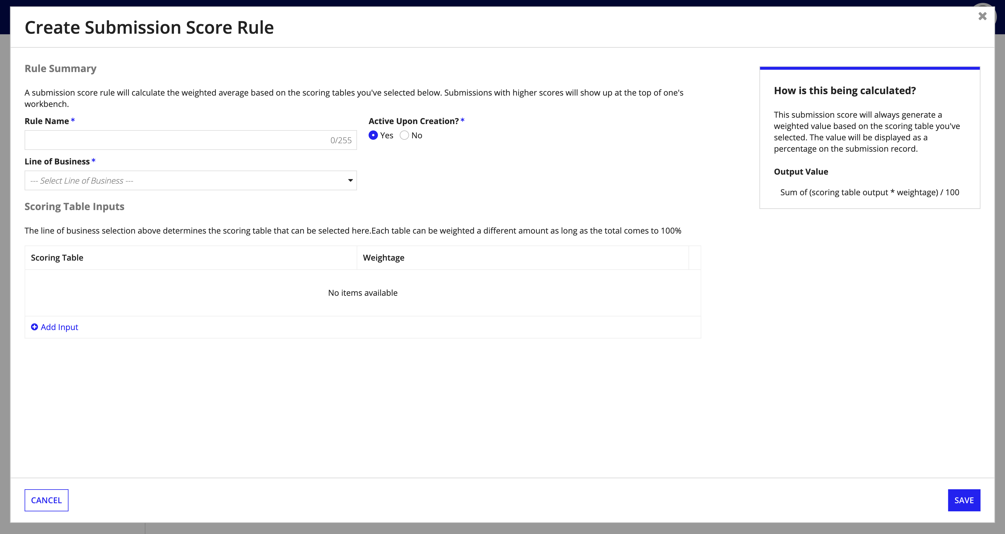 Create Submission Score form with rule name, LOB, scoring table inputs, and weightage fields