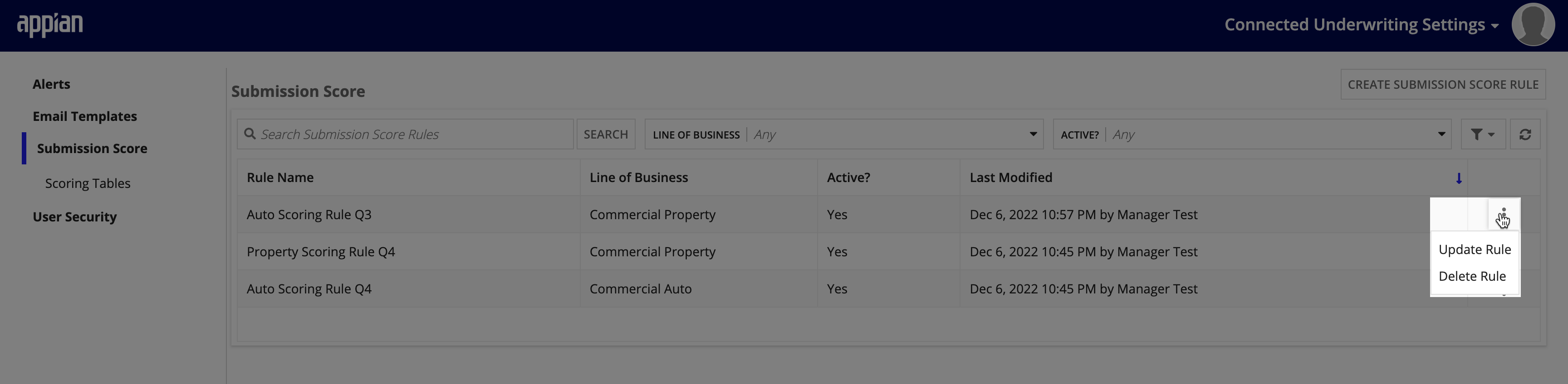 Submission Score rule action menu with Update Rule and Delete Rule options