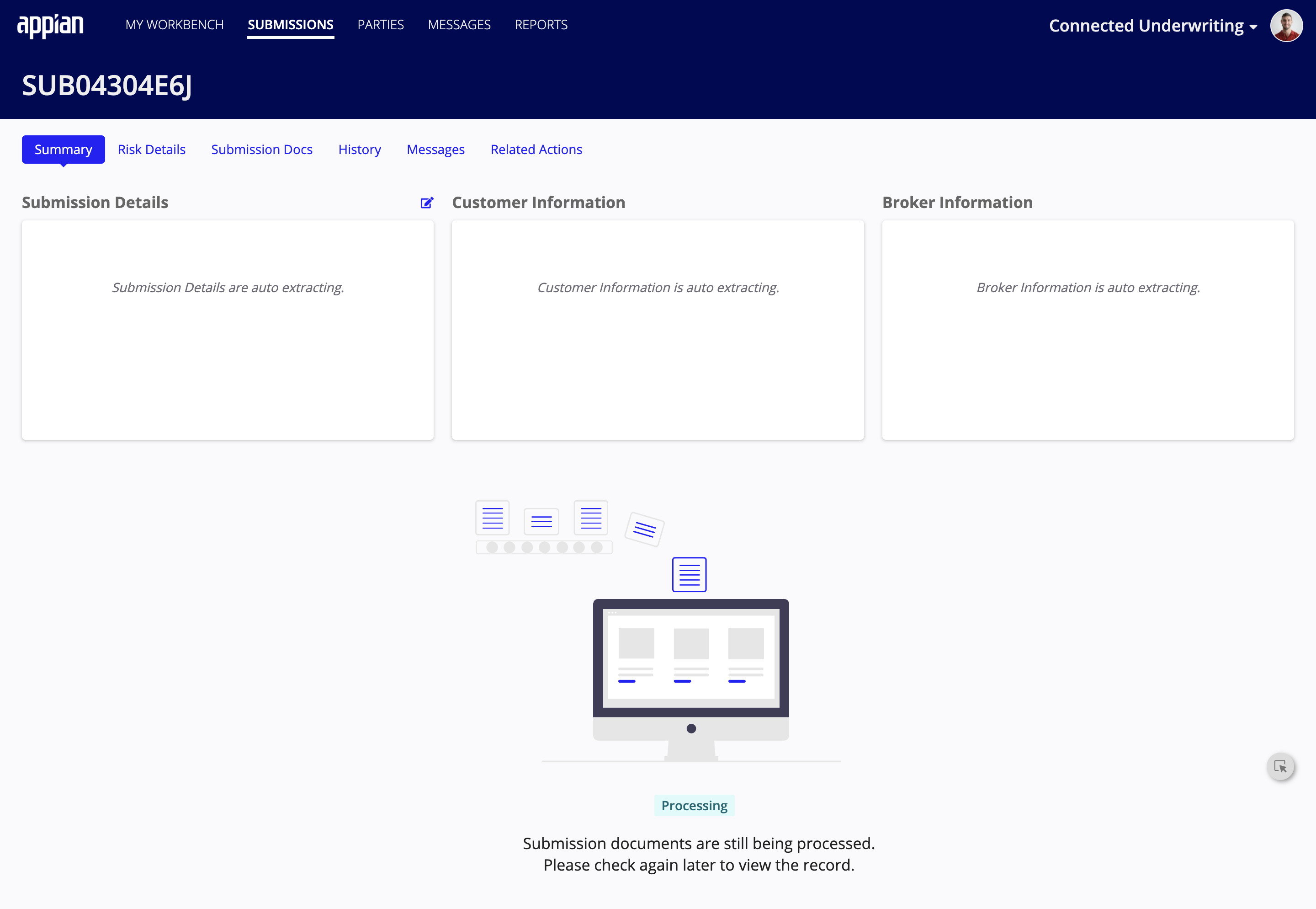 Email processing flow showing automatic submission creation from broker emails
