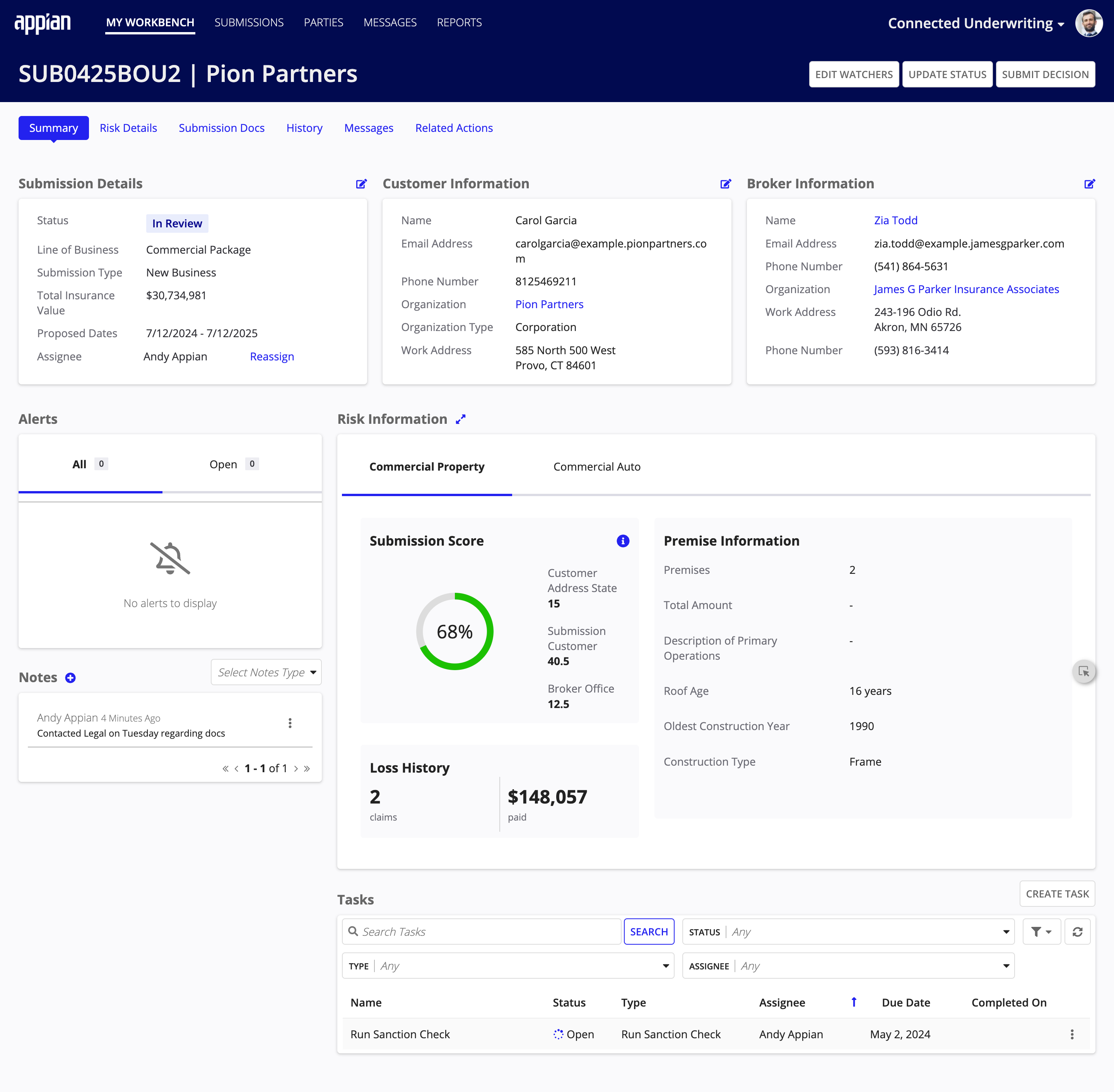 Submission record showing a comprehensive view of customer risk information