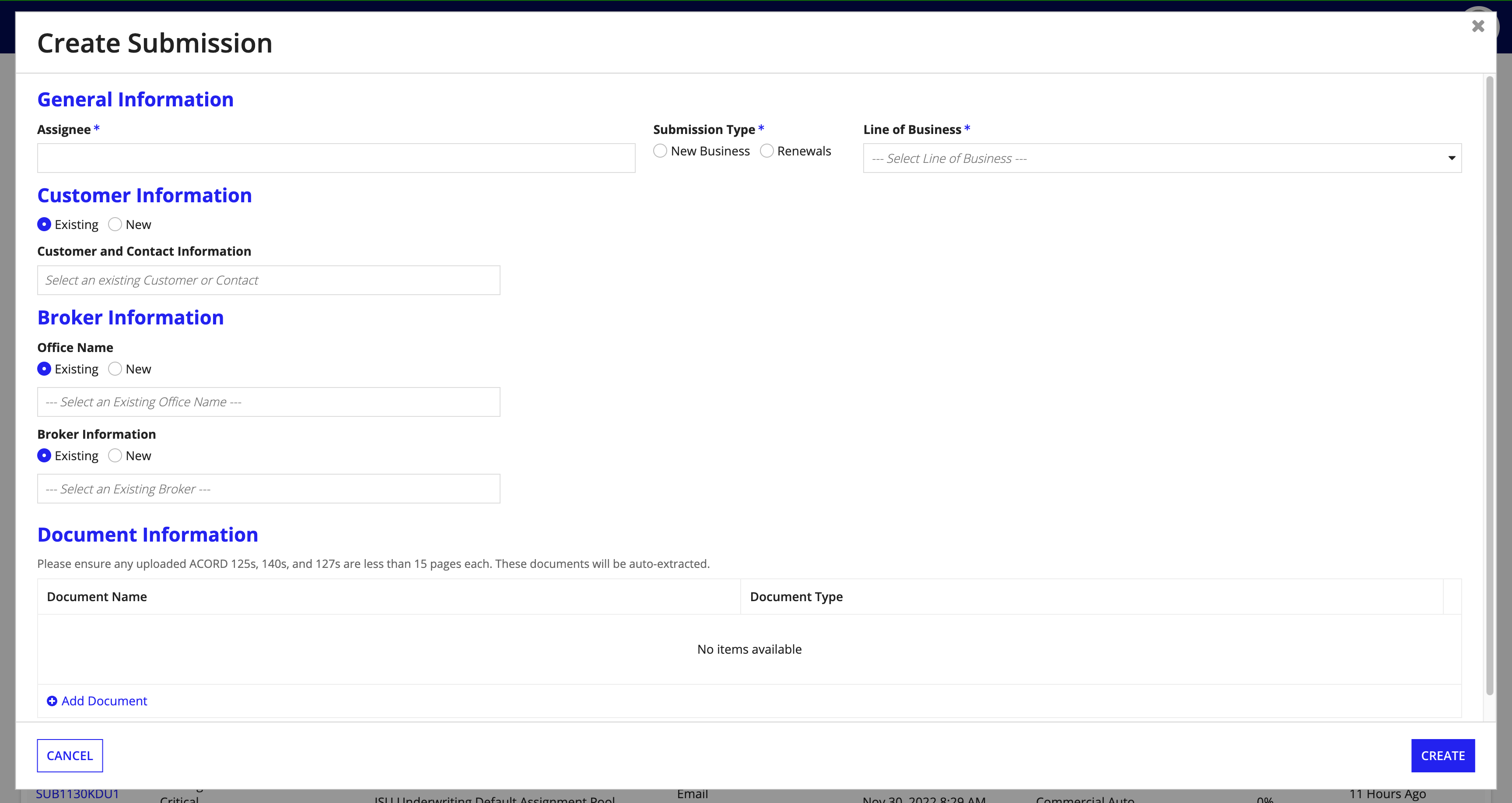 Create Submission form with General Information, Customer, Broker, and Document sections