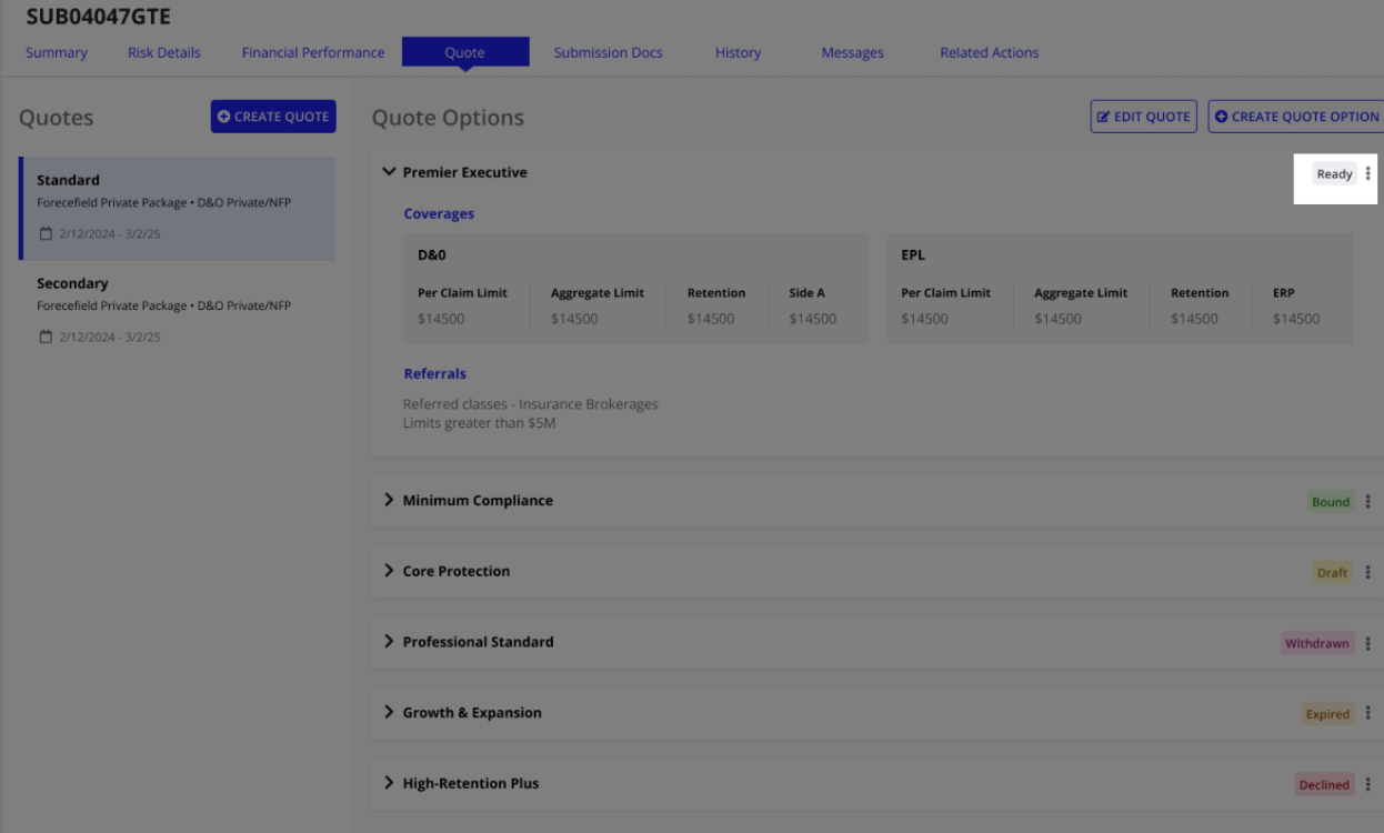 Generate quote module overview manage quote option statuses