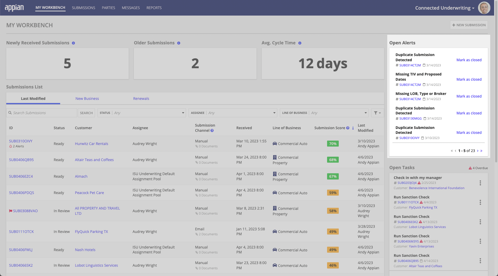 Workbench page showing the Open Alerts section with alert cards