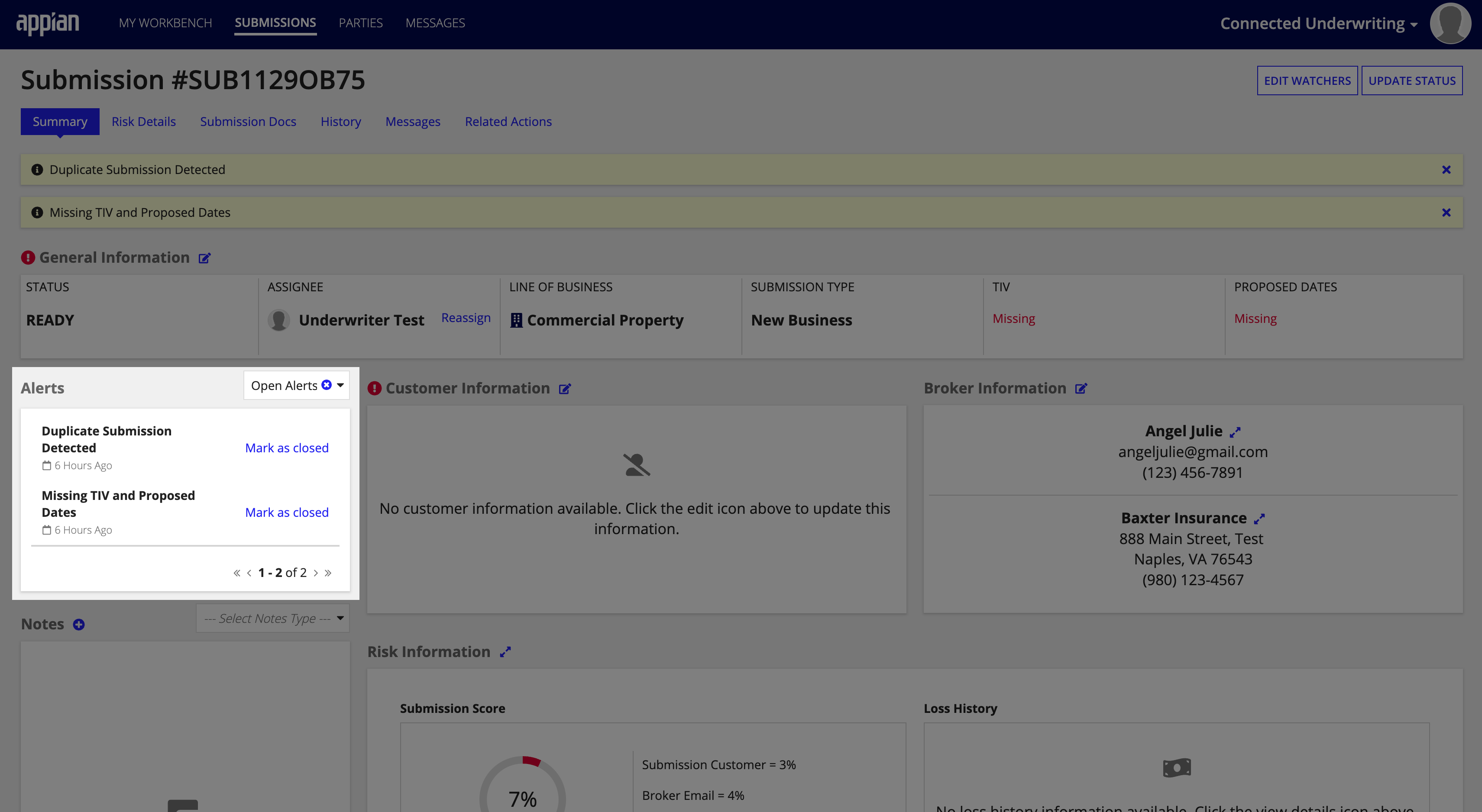 Submission record displaying the Alerts section with triggered alerts