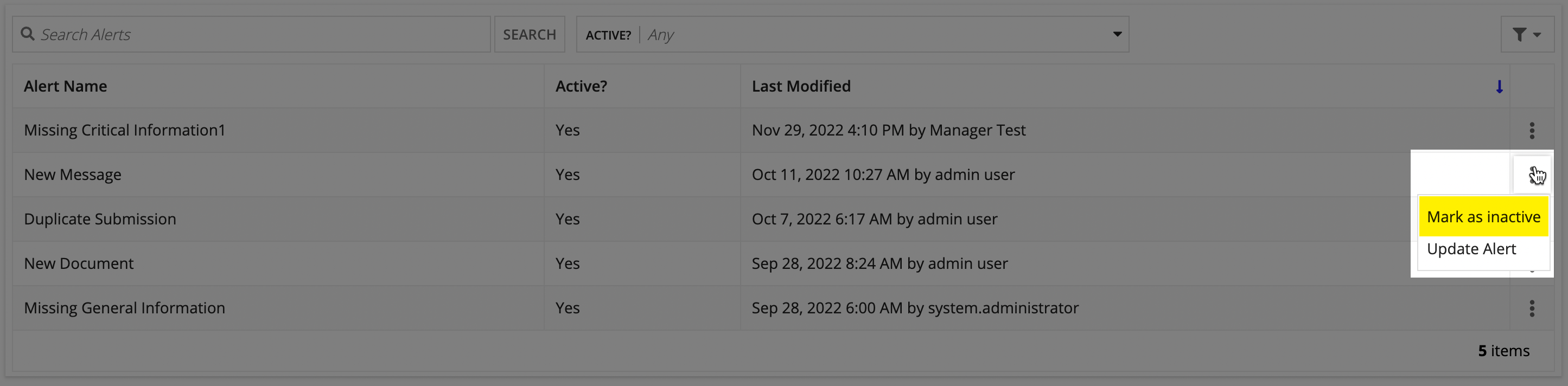 Alert context menu showing Mark as inactive and Mark as active options