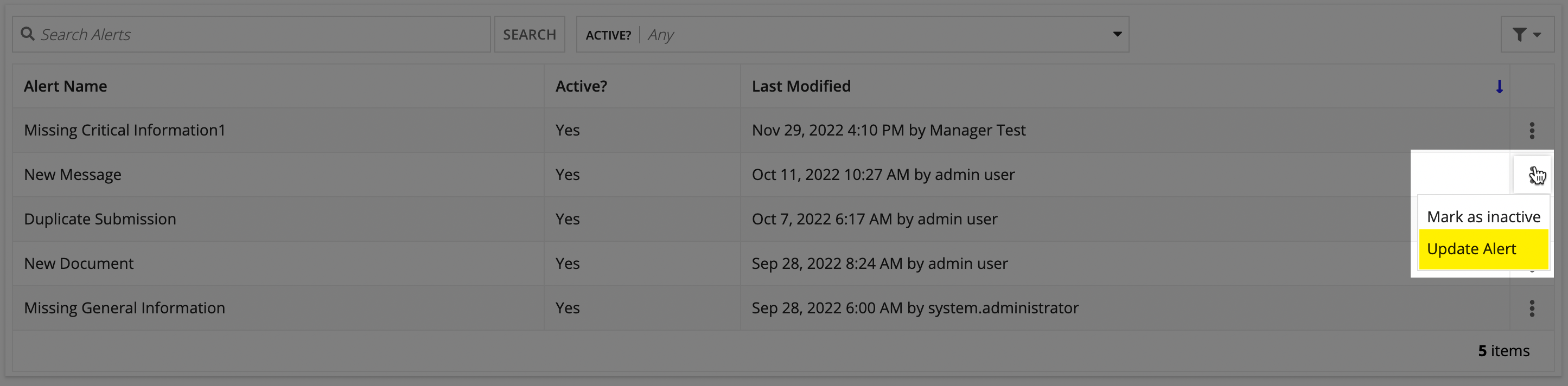 Alert detail view showing alert name and display message fields
