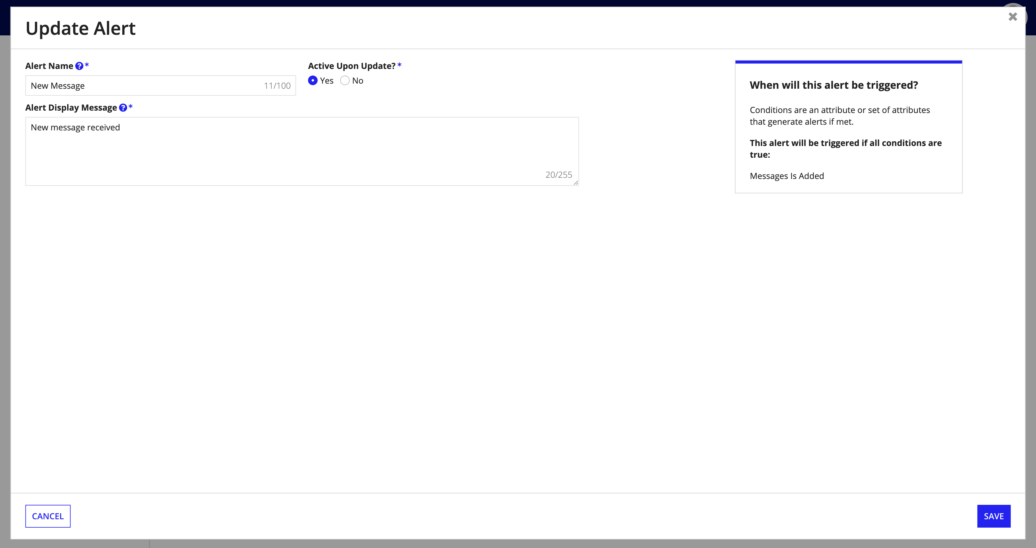 Update Alert dialog with editable name, display message, and active toggle
