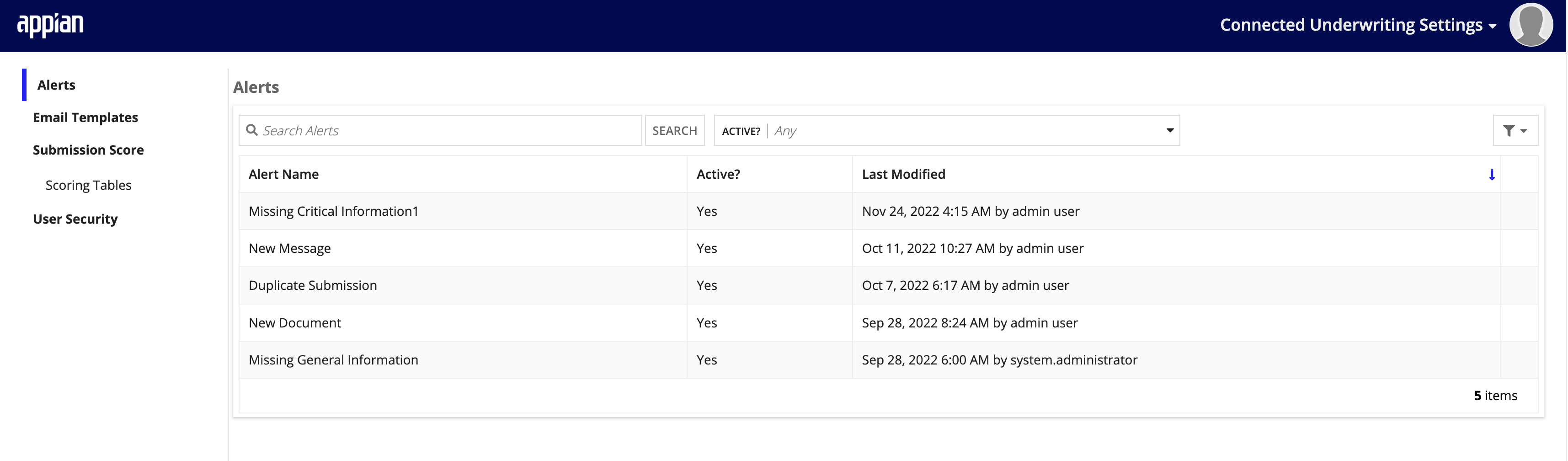 Alerts settings page listing all available alerts with name, status, and last modified columns