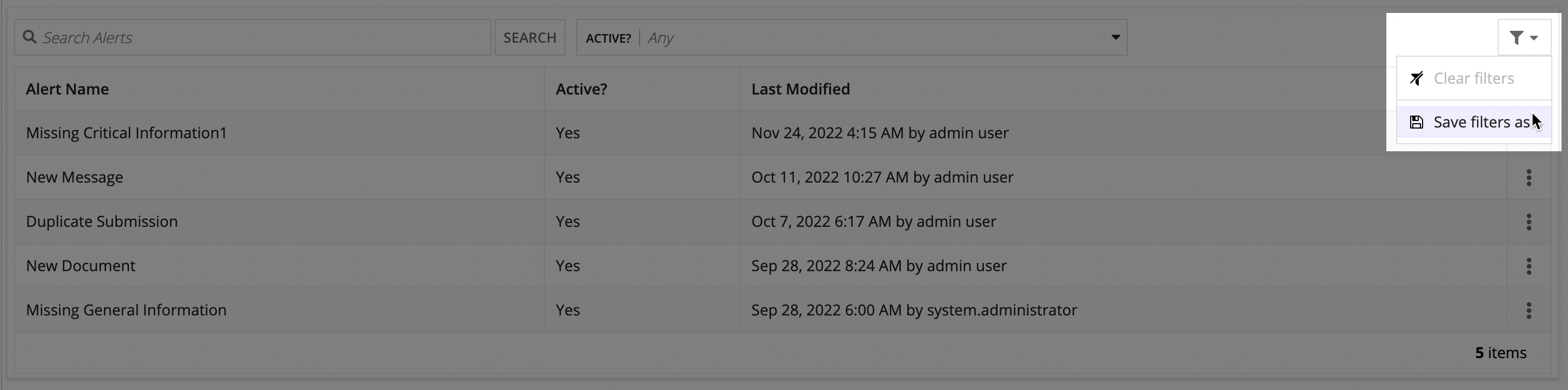 Save filter dialog with name field and saved filter options
