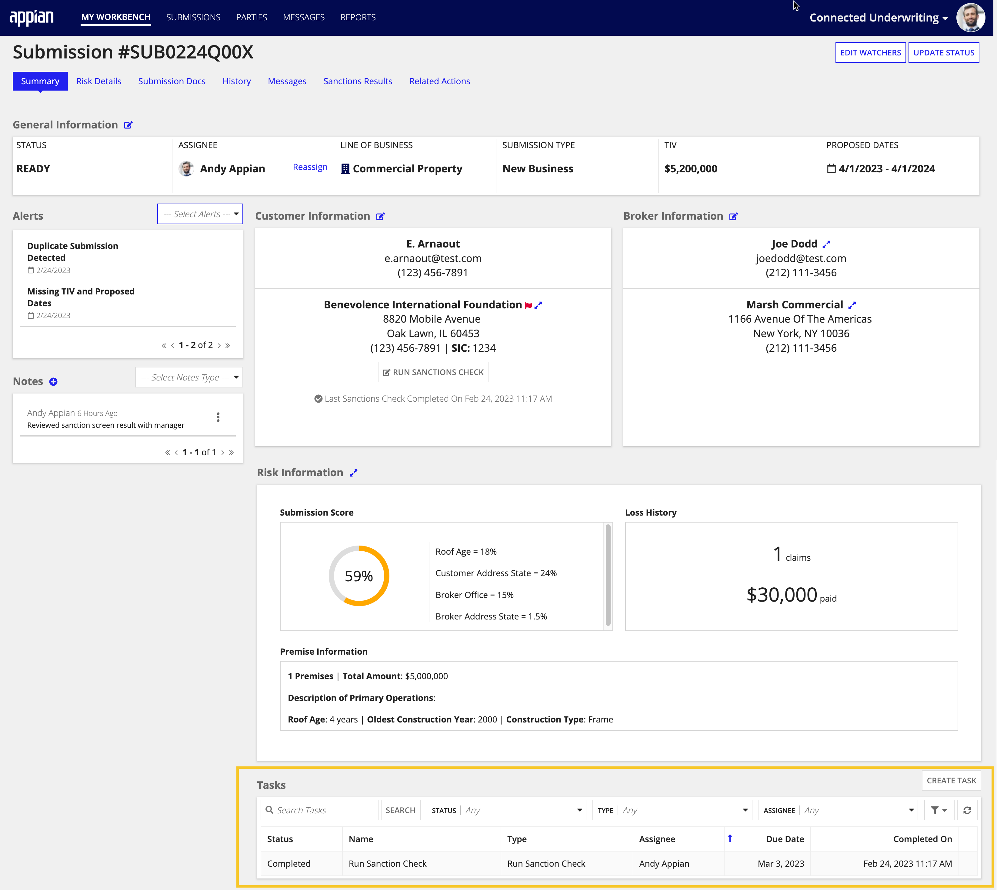 Tasks grid on a Submission record showing an auto-generated sanctions check task