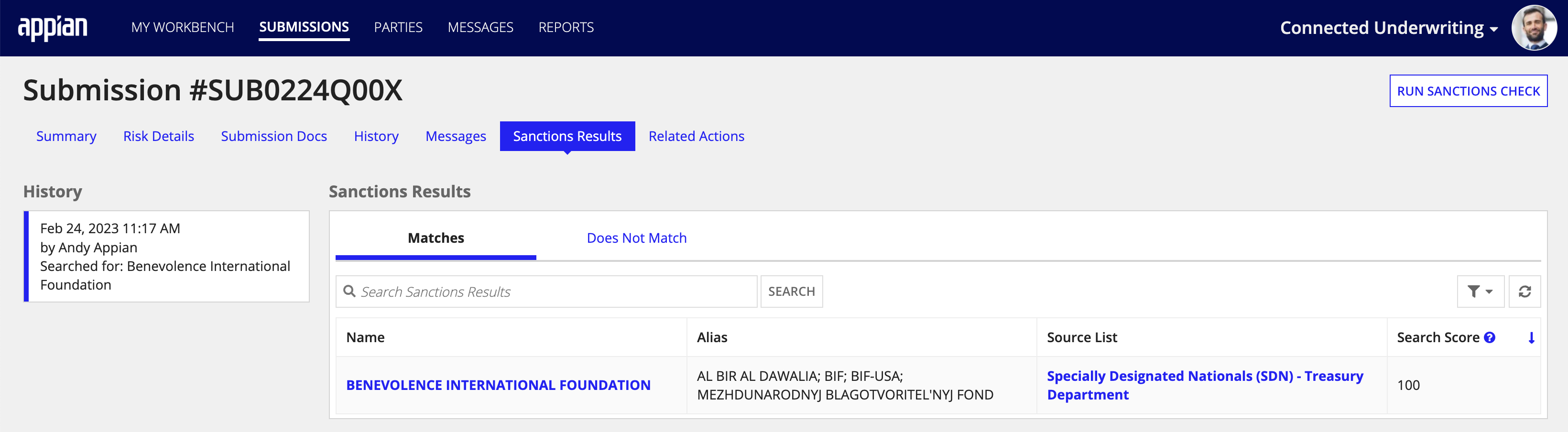 Sanctions Results tab showing matched and unmatched results with details