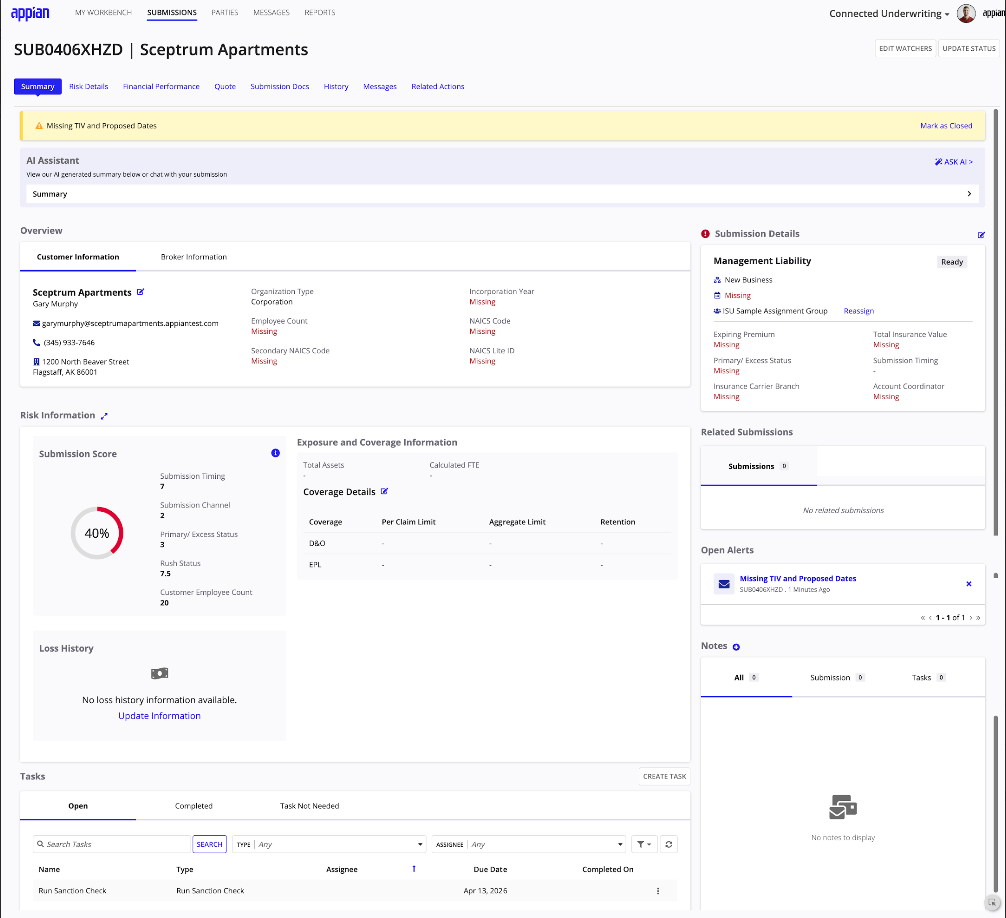 Submission record overview showing tabs for summary, risk details, documents, and more