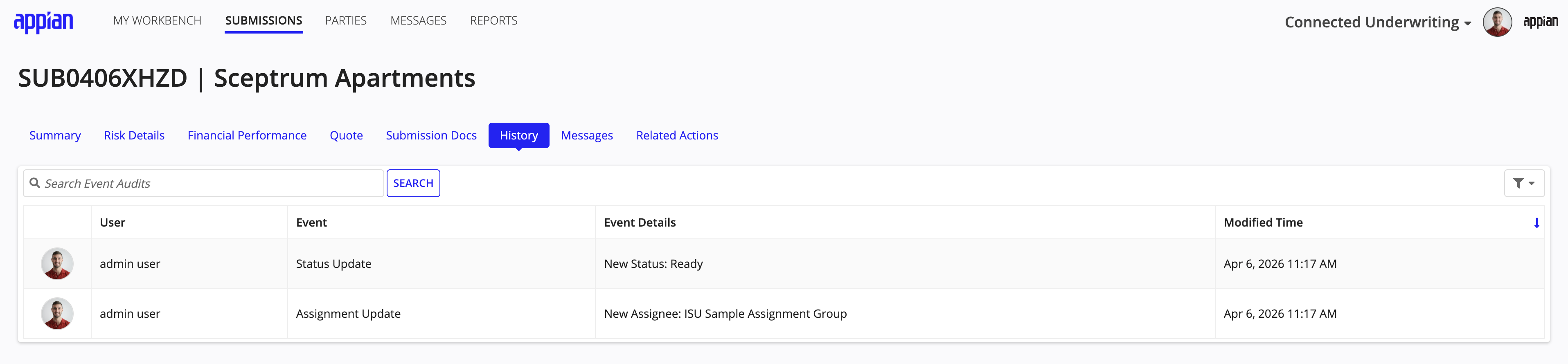 History tab showing a timeline of key actions performed on the submission
