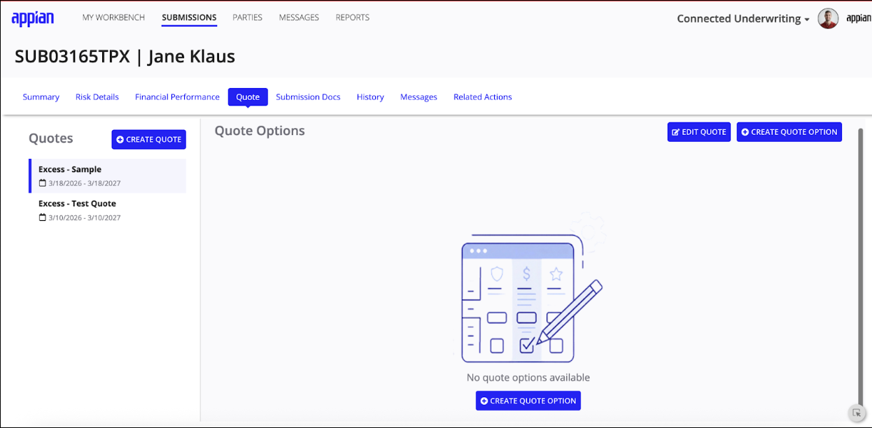 Quote tab showing quote options with coverage selections and rating worksheet values