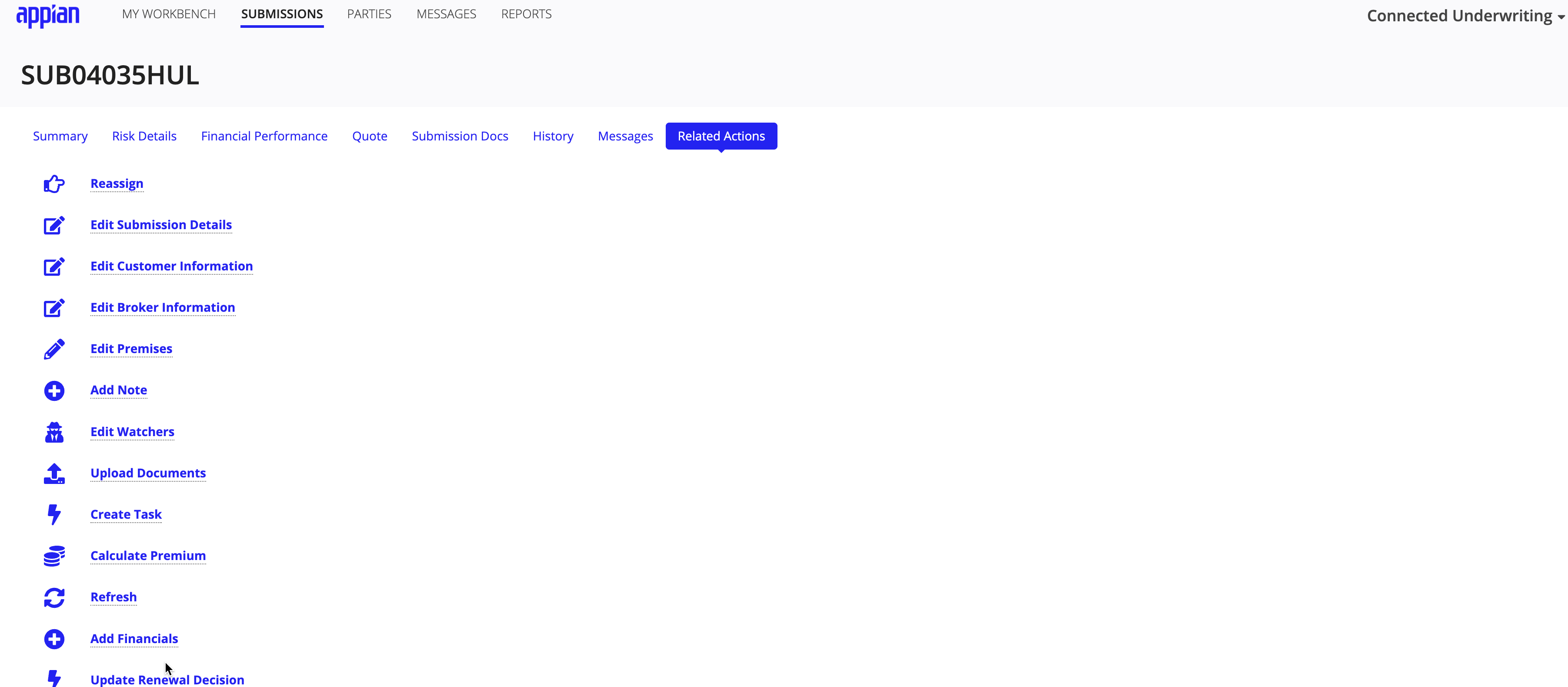 Related Actions tab listing available actions including Reassign, Edit Information, and Submit Decision