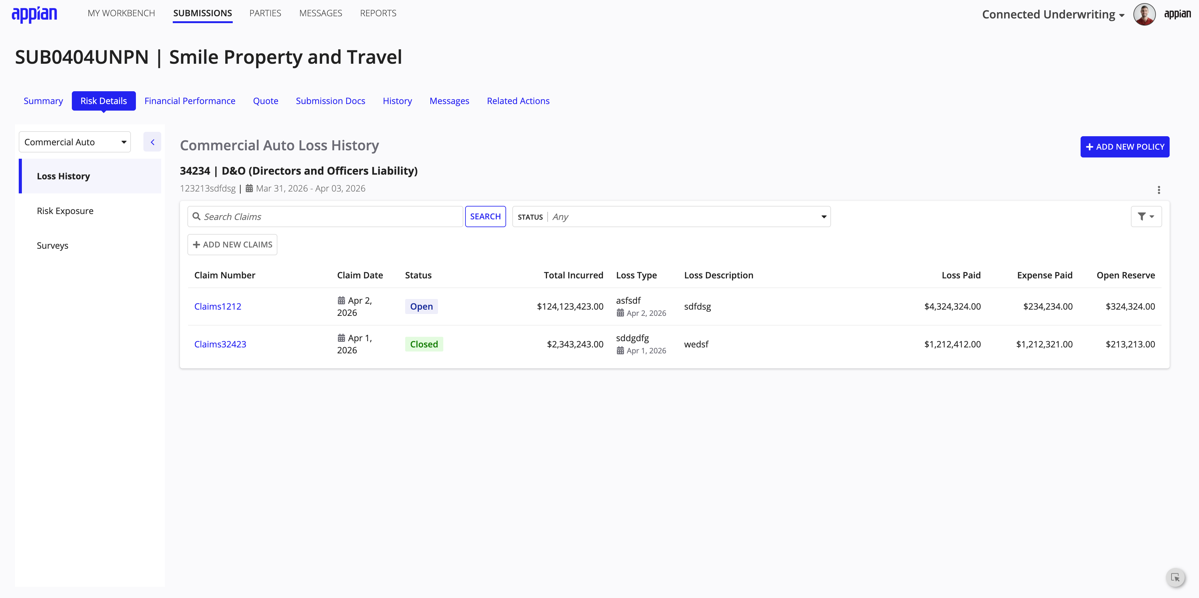 Risk Details tab listing insured entities categorized by line of business with Details links