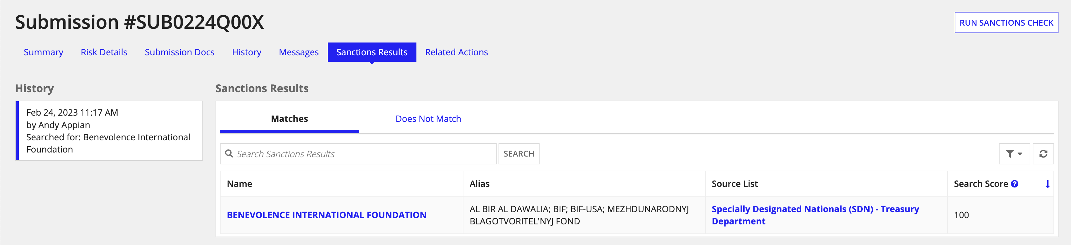 Sanctions Results tab displaying check history and matched or unmatched results