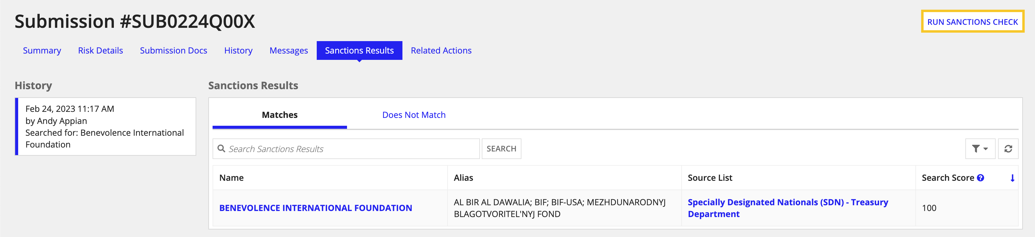 Summary tab showing sanctions check tasks for a submission