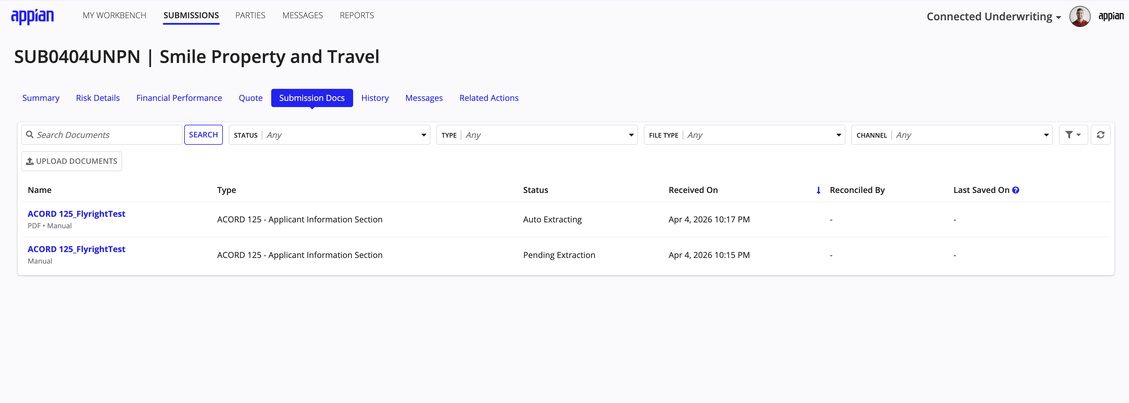 Documents tab listing submission documents with status, type, and received date columns