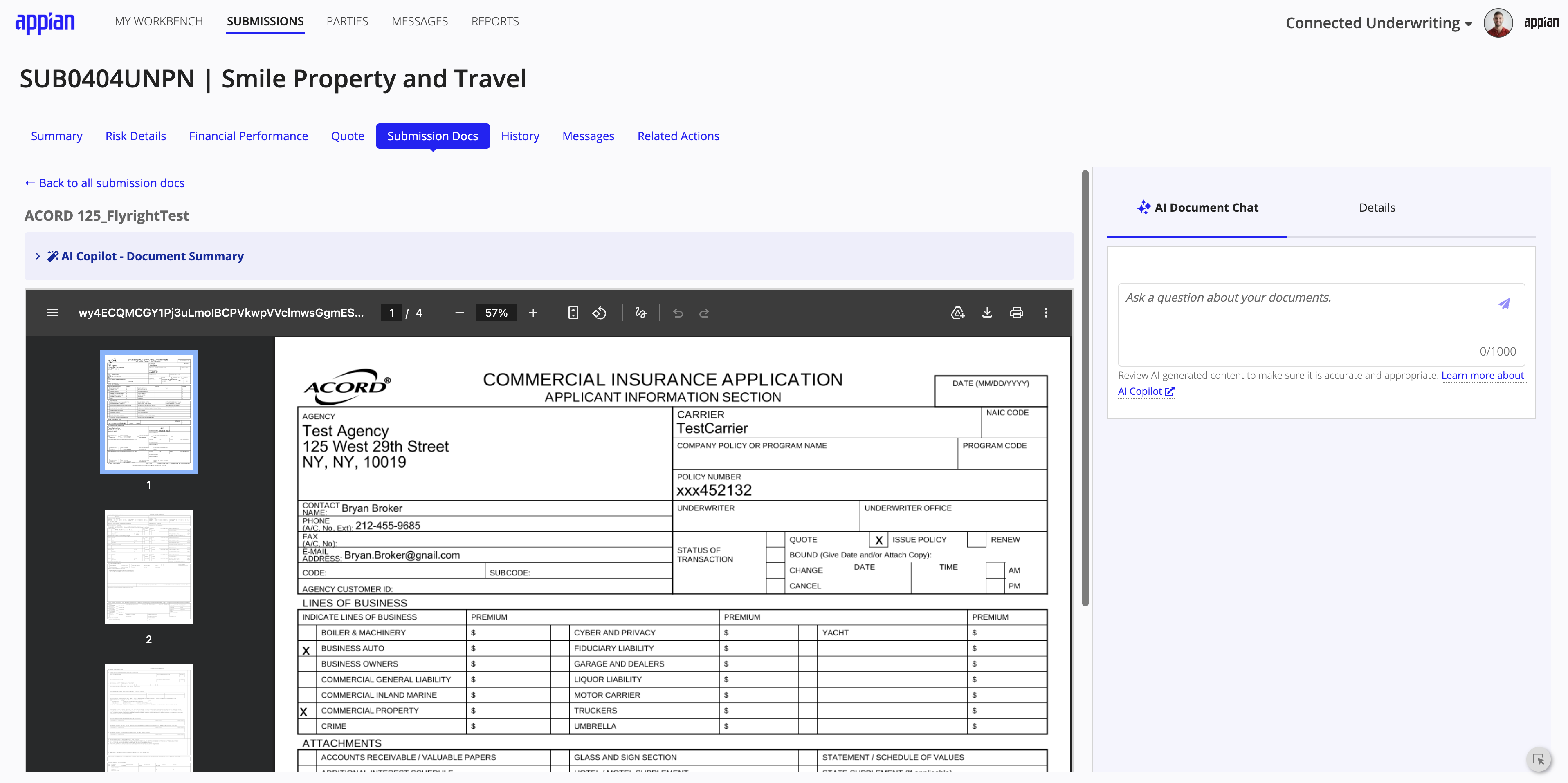 PDF document viewer with summary of document attributes