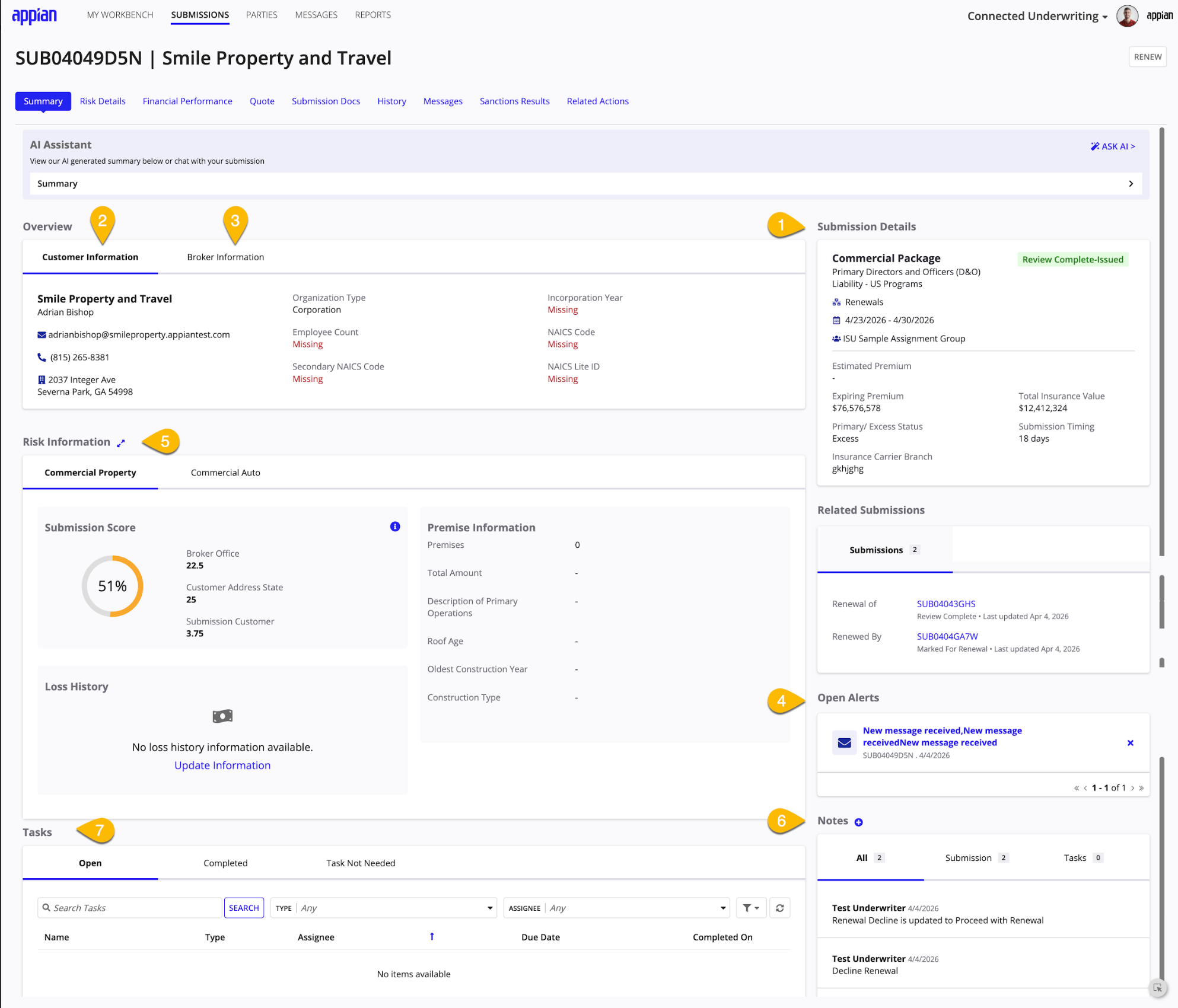 Submission summary showing details, customer info, broker info, alerts, risk, notes, tasks, and related submissions