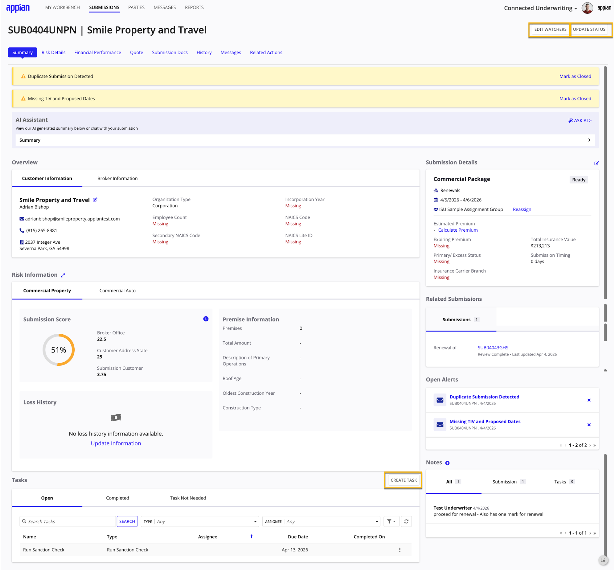 Summary tab with action buttons for editing watchers, updating status, and creating tasks