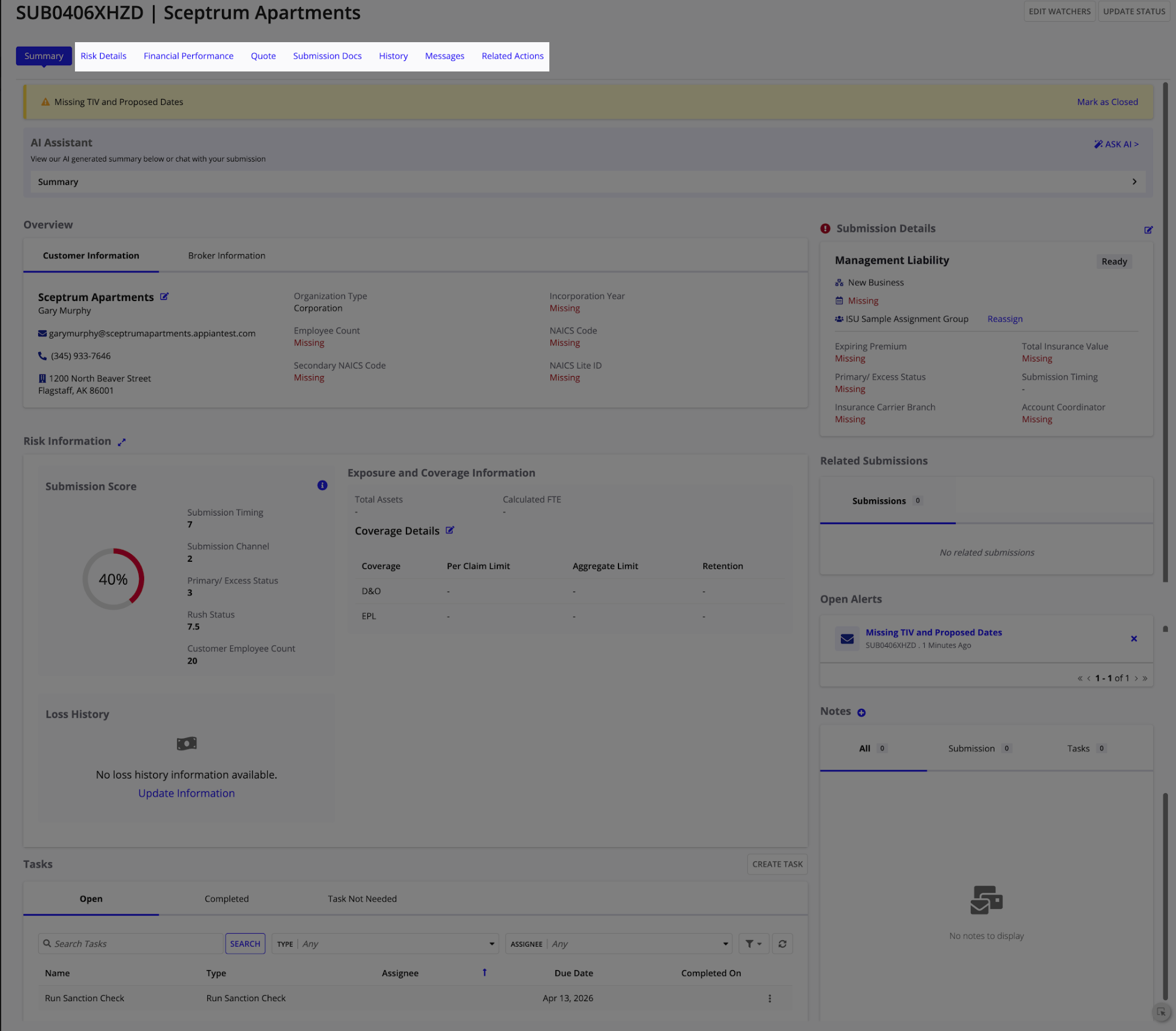 Submission record tabs showing navigation to risk details, documents, sanctions, and history