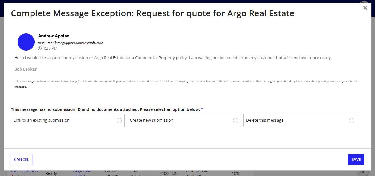 Message exception preview with options to link to an existing submission