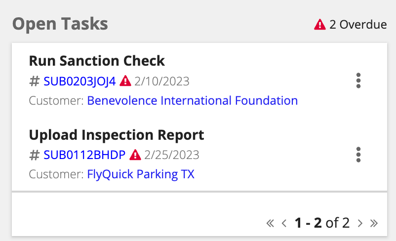 Open Tasks section listing tasks with due dates and action menu for Reassign, Change Due Date, or Resolve