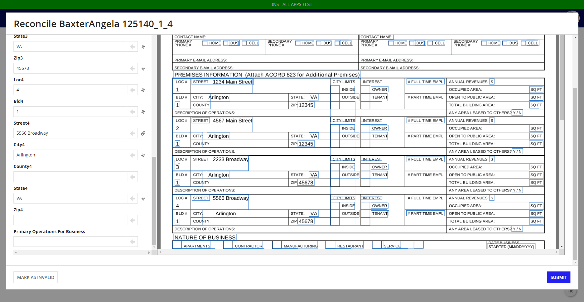 Clicking a value box in the document preview to populate a field