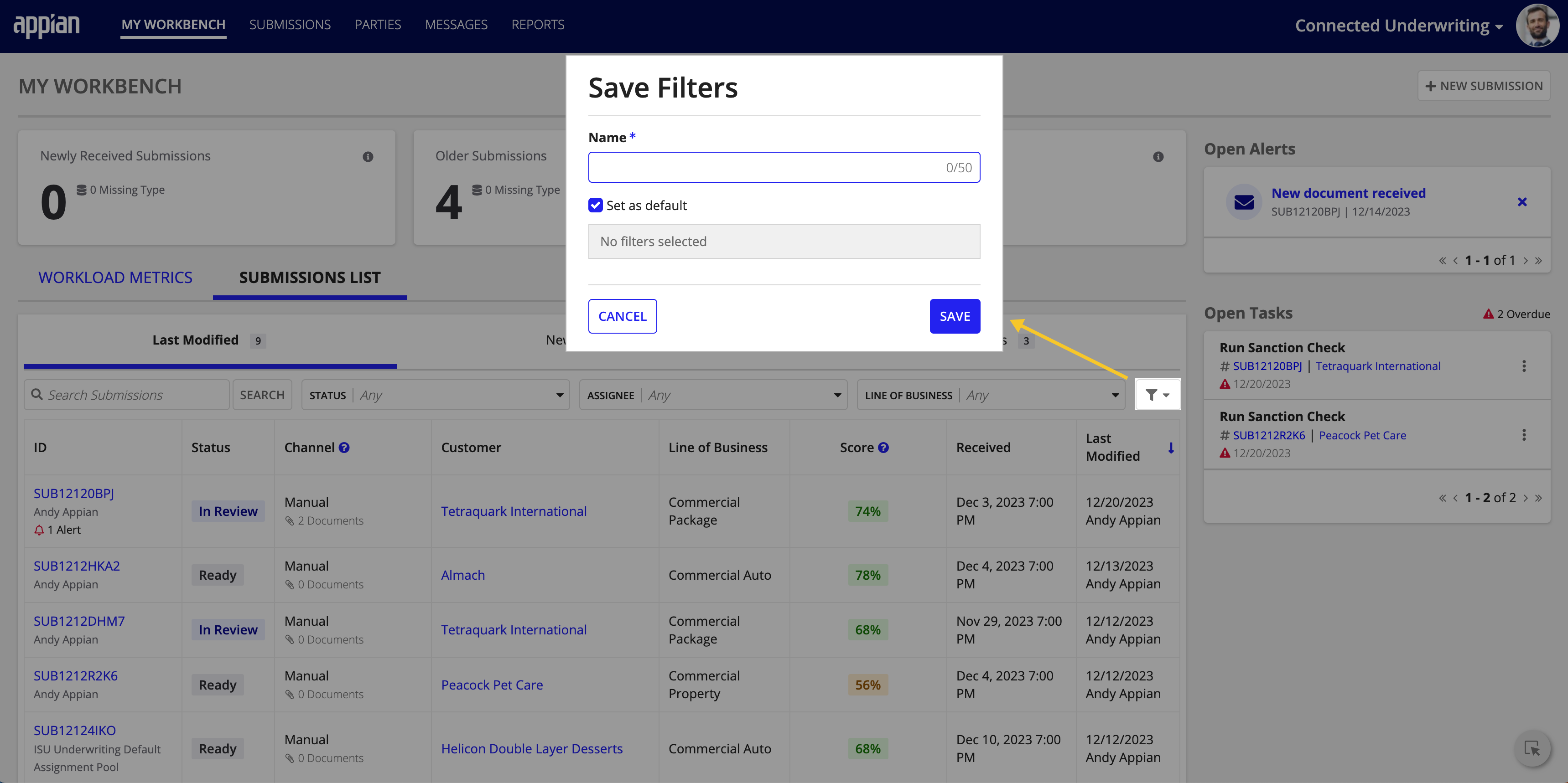 Submissions list with filter options for Status, Assignee, and Line of Business and a Save Filters button