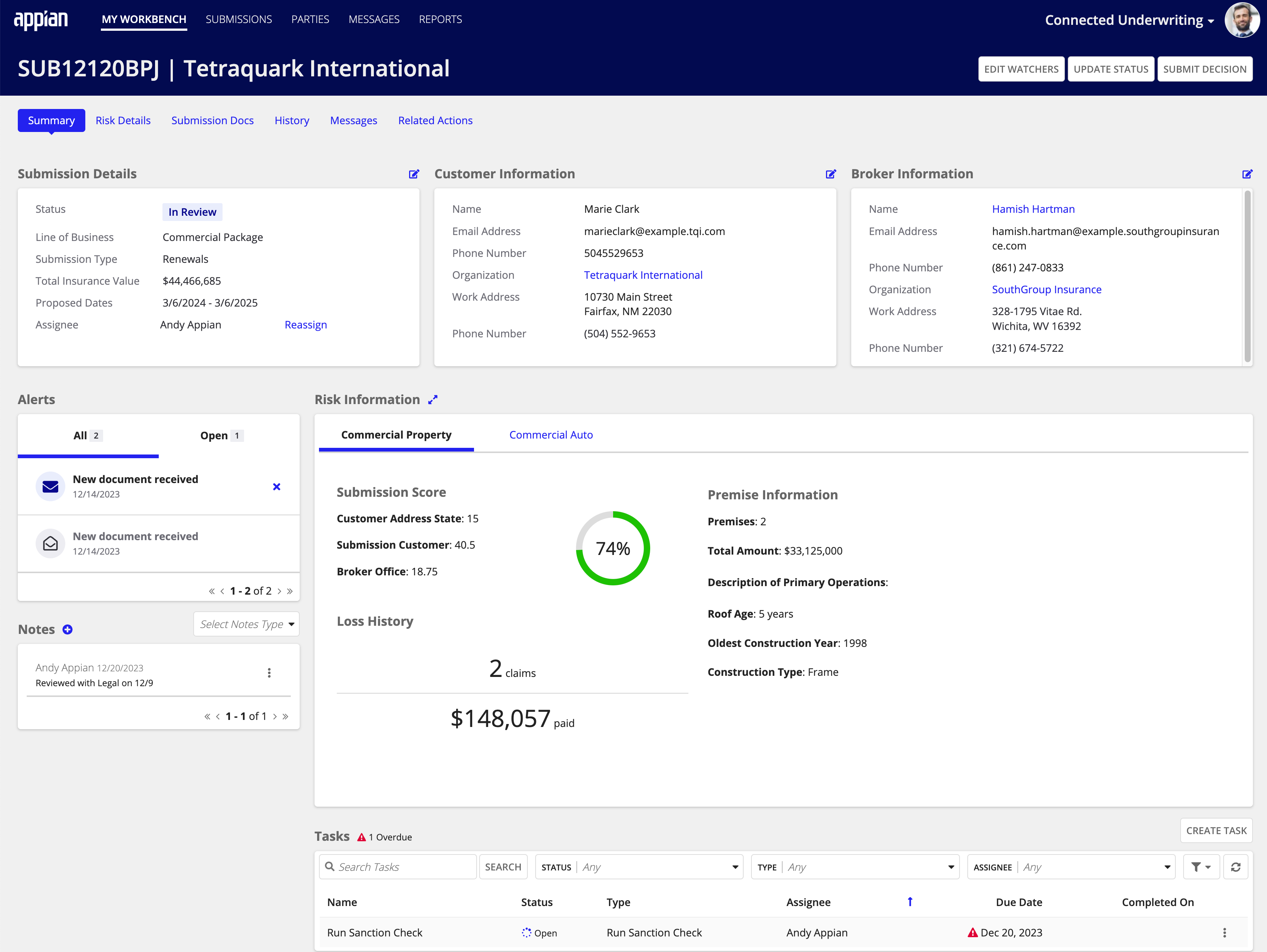 Submission record detail view showing customer, broker, alerts, risk, quoting, and task information
